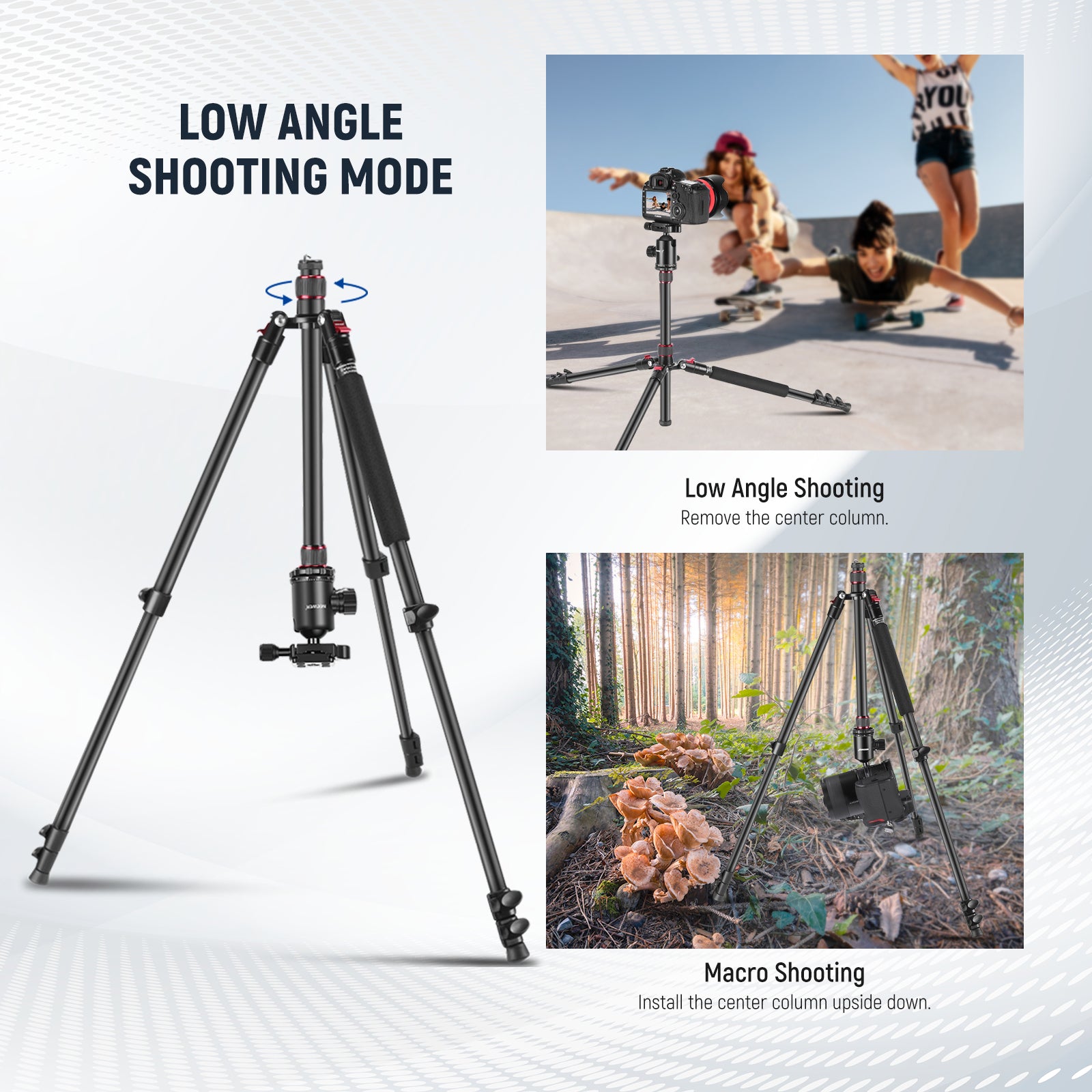 NEEWER TP77 Aluminum Alloy Camera Tripod offers the low angle shooting mode.