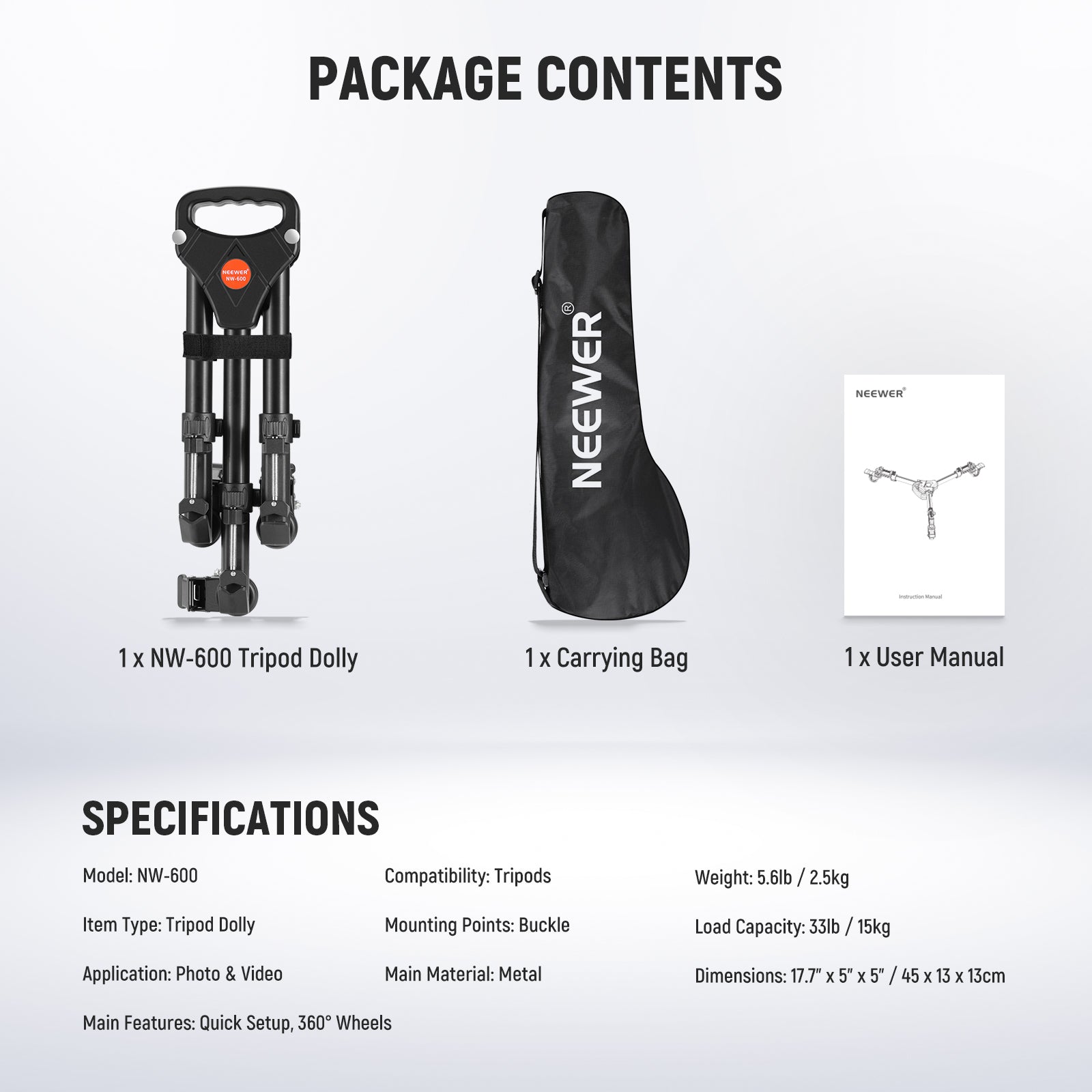 Package Contents of the NEEWER Heavy Duty Photography Tripod Dolly
