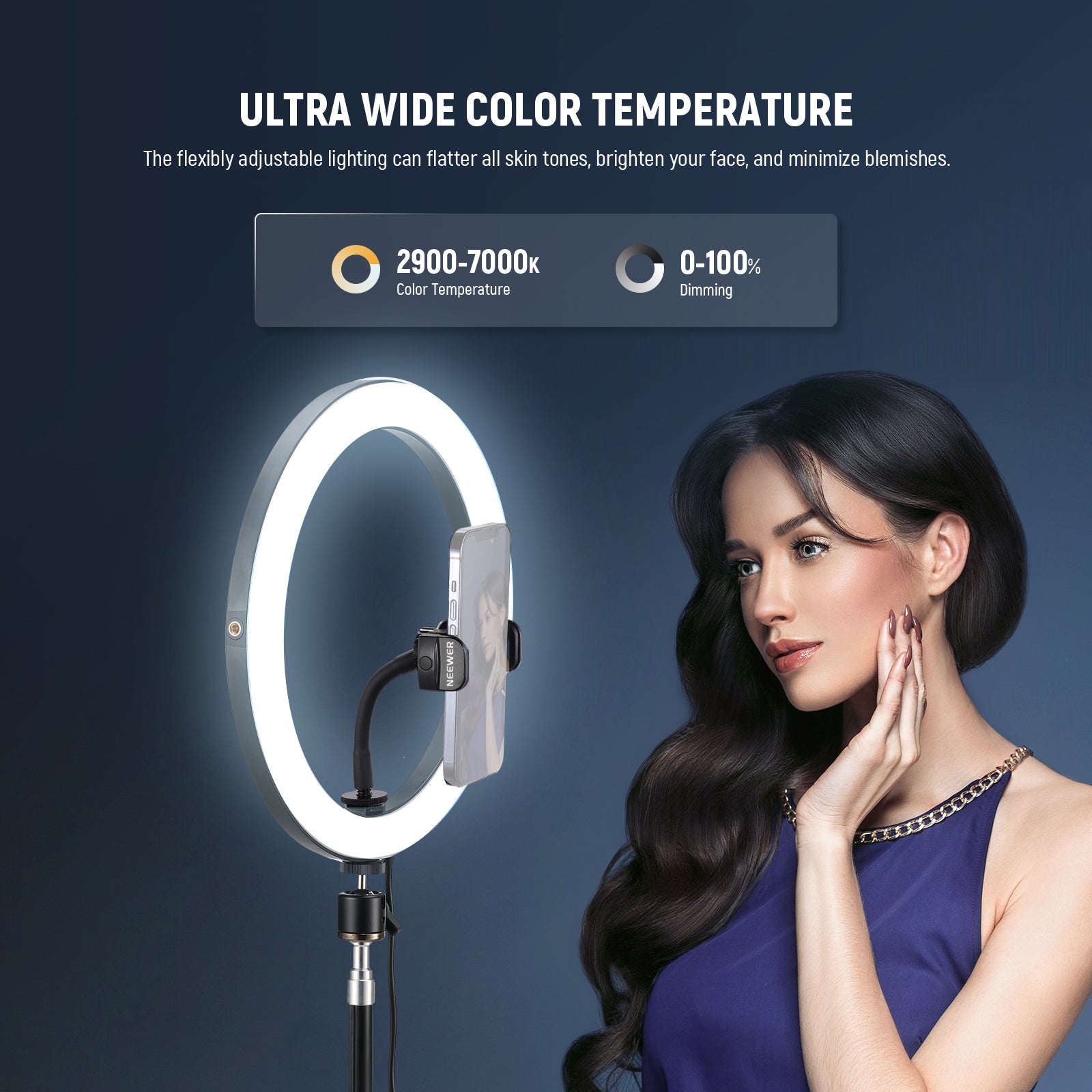 NEEWER RH12B Bi Color LED Ring Light features ultra wide color temperature.