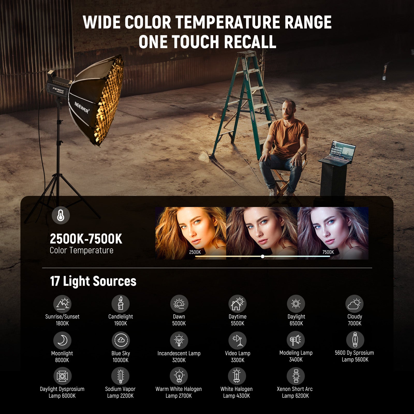 NEEWER FS150C RGB LED Video Light has wide color temperature range.