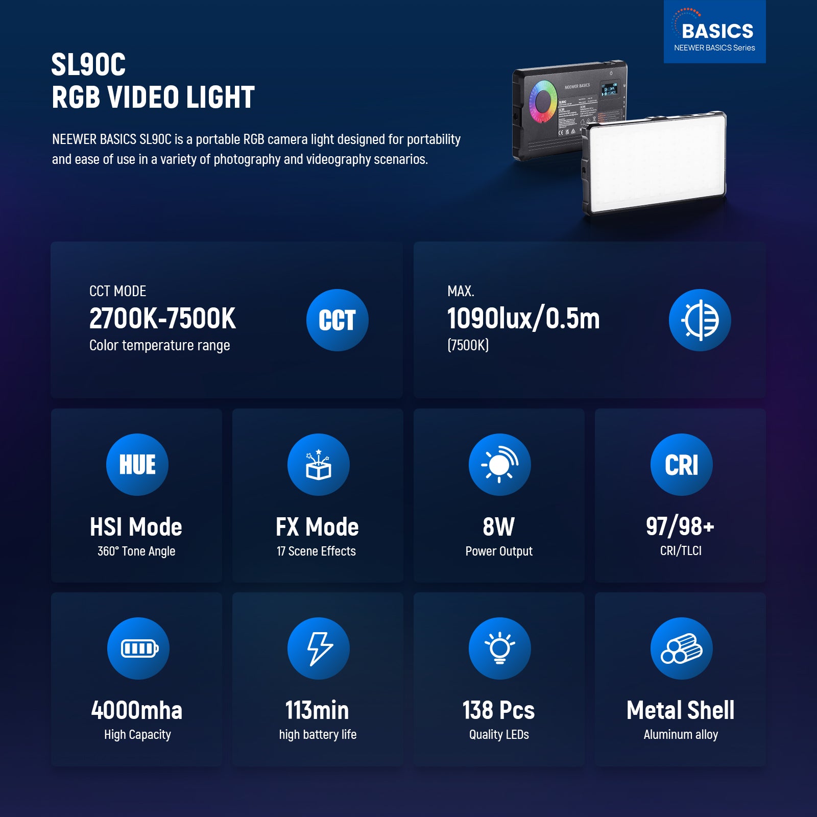 NEEWER SL90C Portable RGB Video Light | LED Camera Light