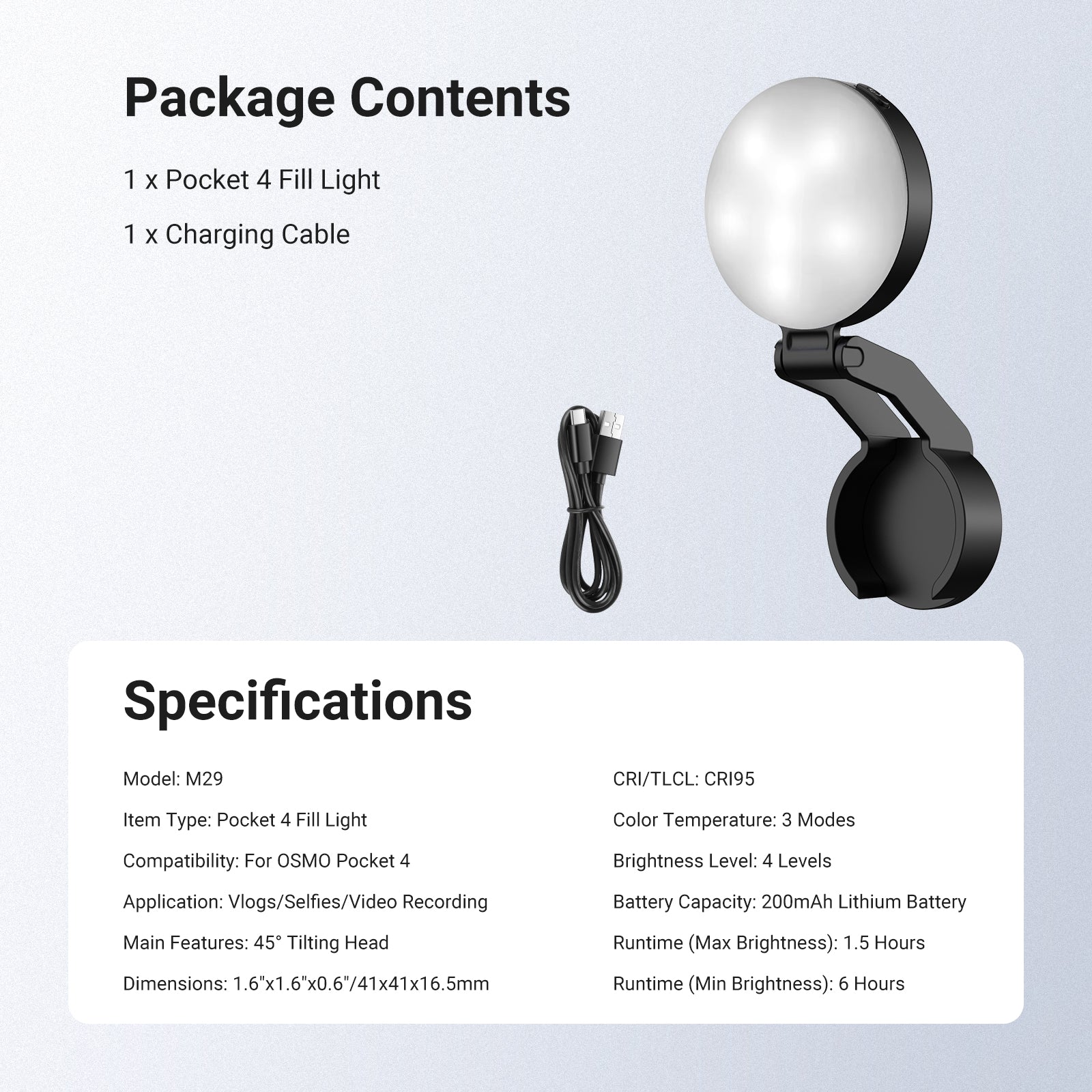 This package includes a pocket 4 fill light and a charging cable.