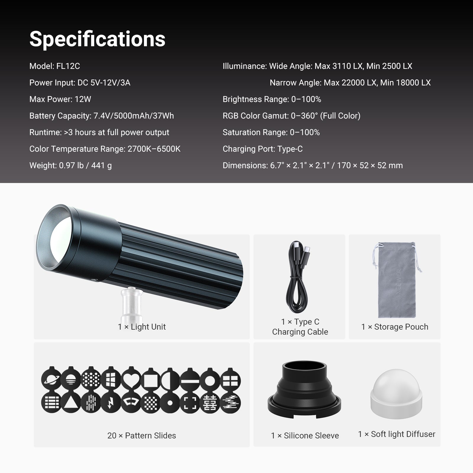 This package includes a photography spotlight, a silicone sleeve, a soft light diffuser, 20 gobo filters, a cable, and a storage pouch.