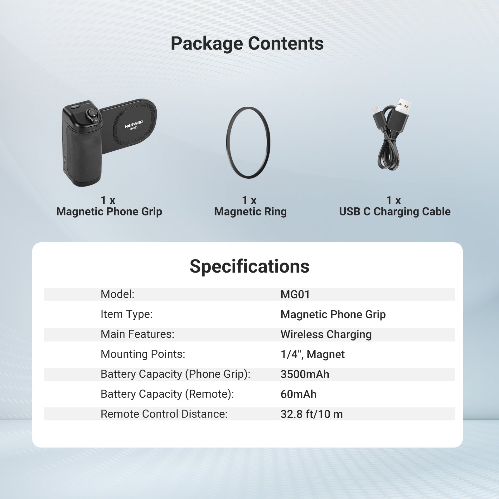 This package includes a magnetic phone grip, a magnetic ring, and a charging cable.