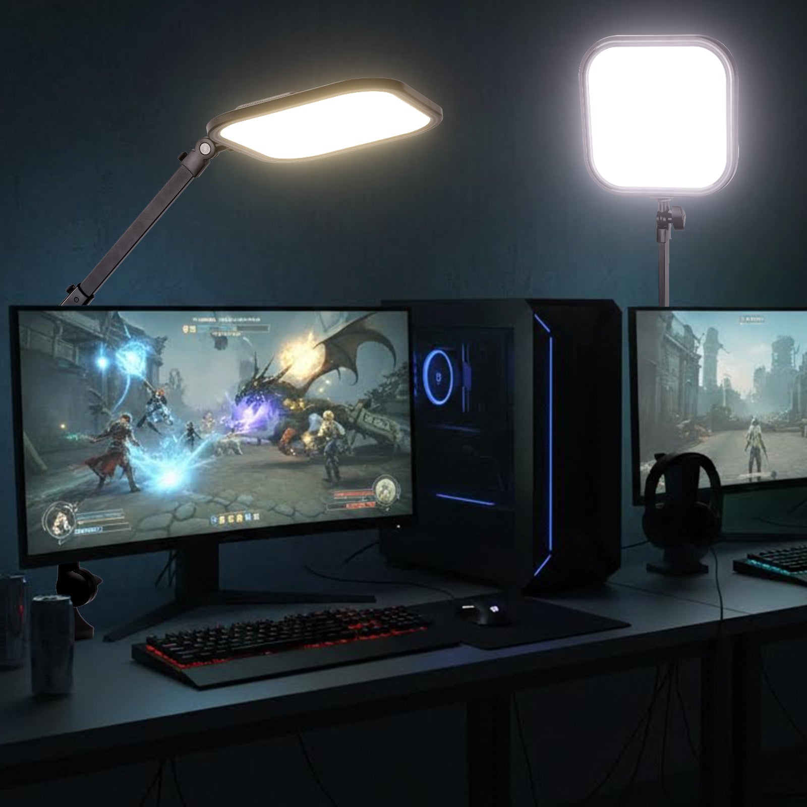 A gaming setup features dual monitors showing a fantasy-style video game, illuminated by 2 pack NEEWER L220 Bi Color Panel Lights.