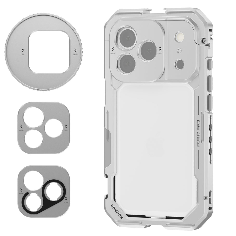 NEEWER 15 Pro Max Cage Vidéo Rig Compatible Avec IPhone, 2 Poignées 67mm Adaptateur Métal 17mm Fond De Panier D'objectif Chiffon De Nettoyage, Plate-Forme Téléphone Stabilisateur Pour Vidéo, PA024K