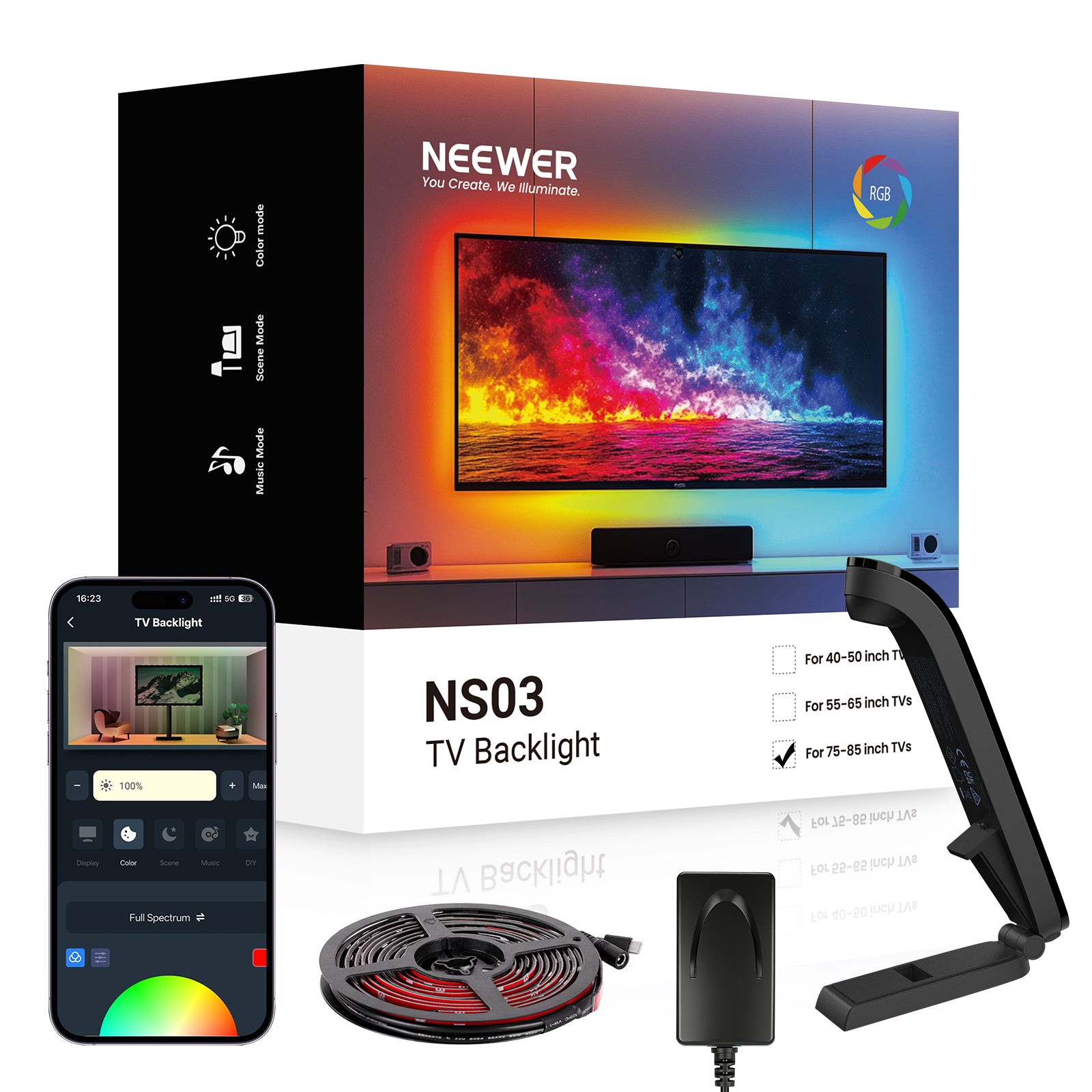 NEEWER BASICS NS03 16ft Smart RGB LED TV Backlight Strip for 75-85 inch TVs