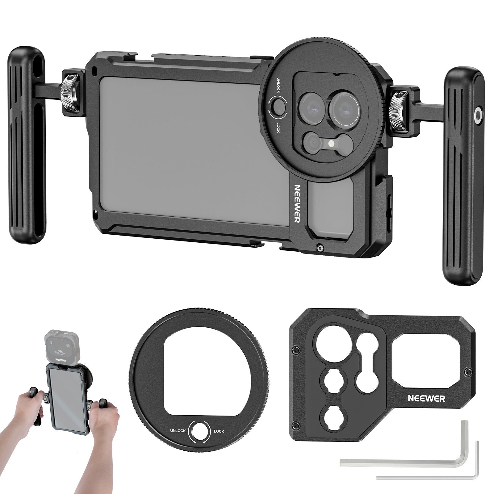 NEEWER 15 Pro Phone Cage Video Rig with Dual Handles Compatible with iPhone  15 Pro, Metal 67mm Filter Adapter, 17mm Lens Backplane, Phone Rig