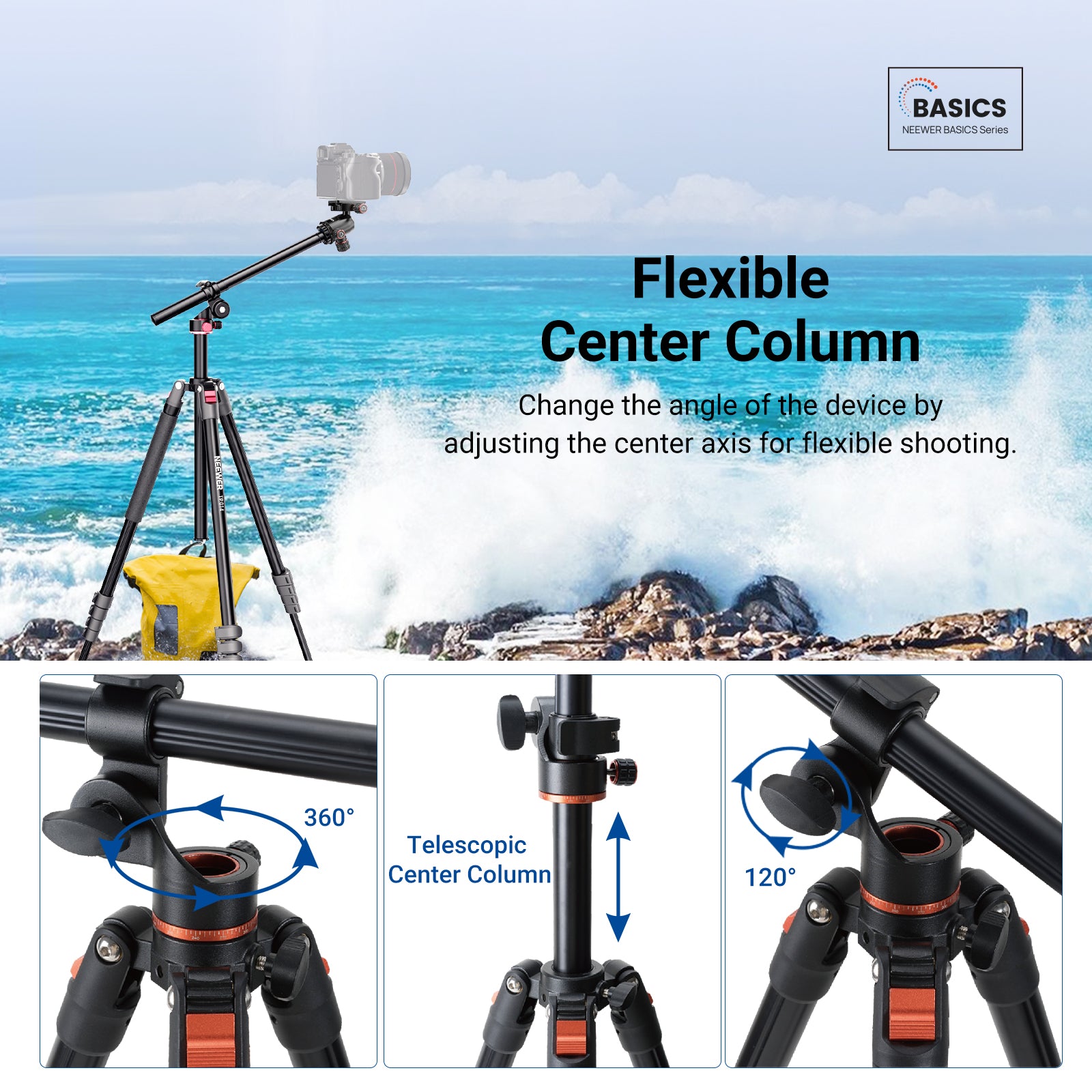 The professional camera tripod features a 12.6" adjustable center column