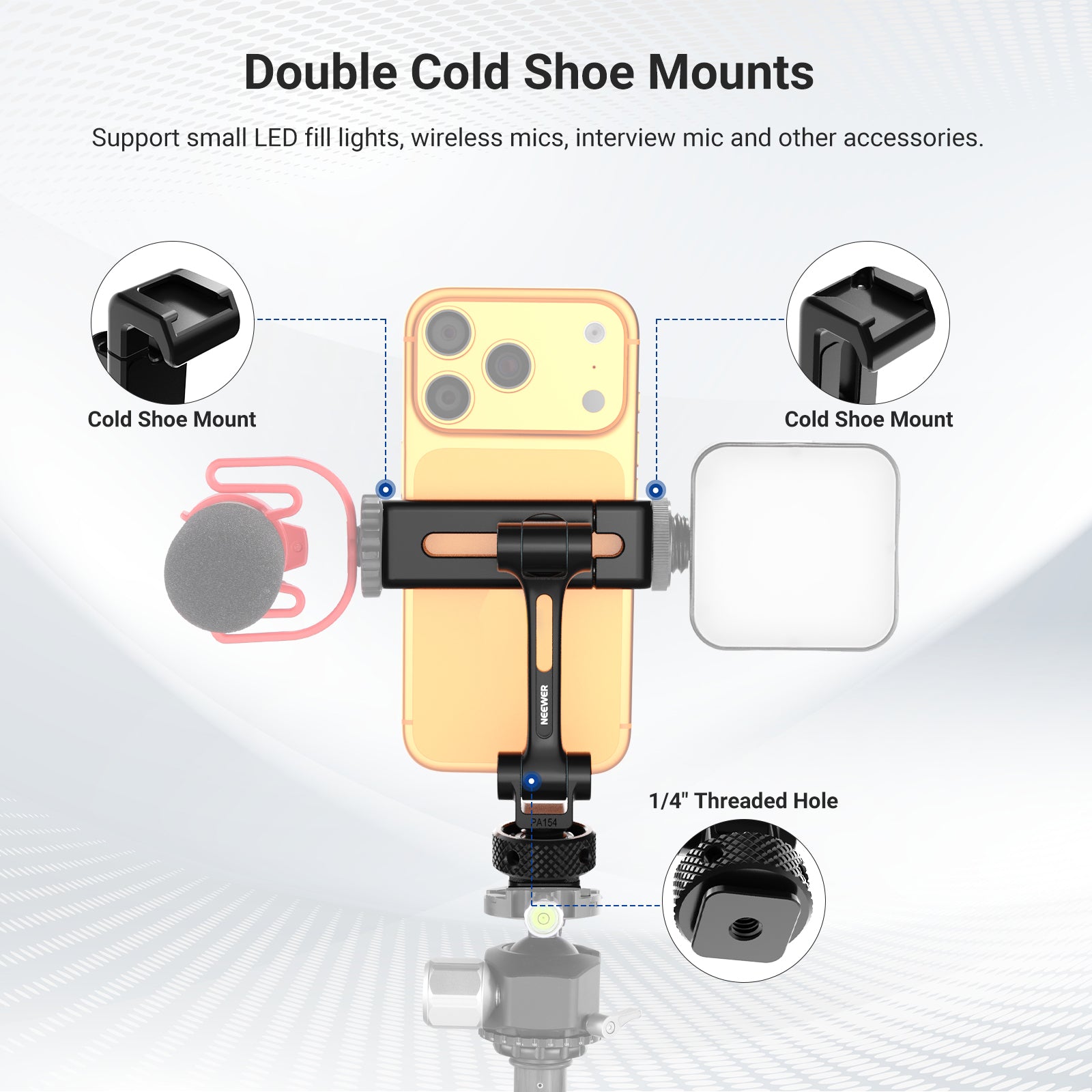 NEEWER PA154 Universal Adjustable Metal Phone Holder features double cold shoe mounts.