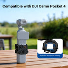 The DJI Osmo Pocket 4, equipped with a NEEWER protective cage, was placed on a wooden table outdoors.