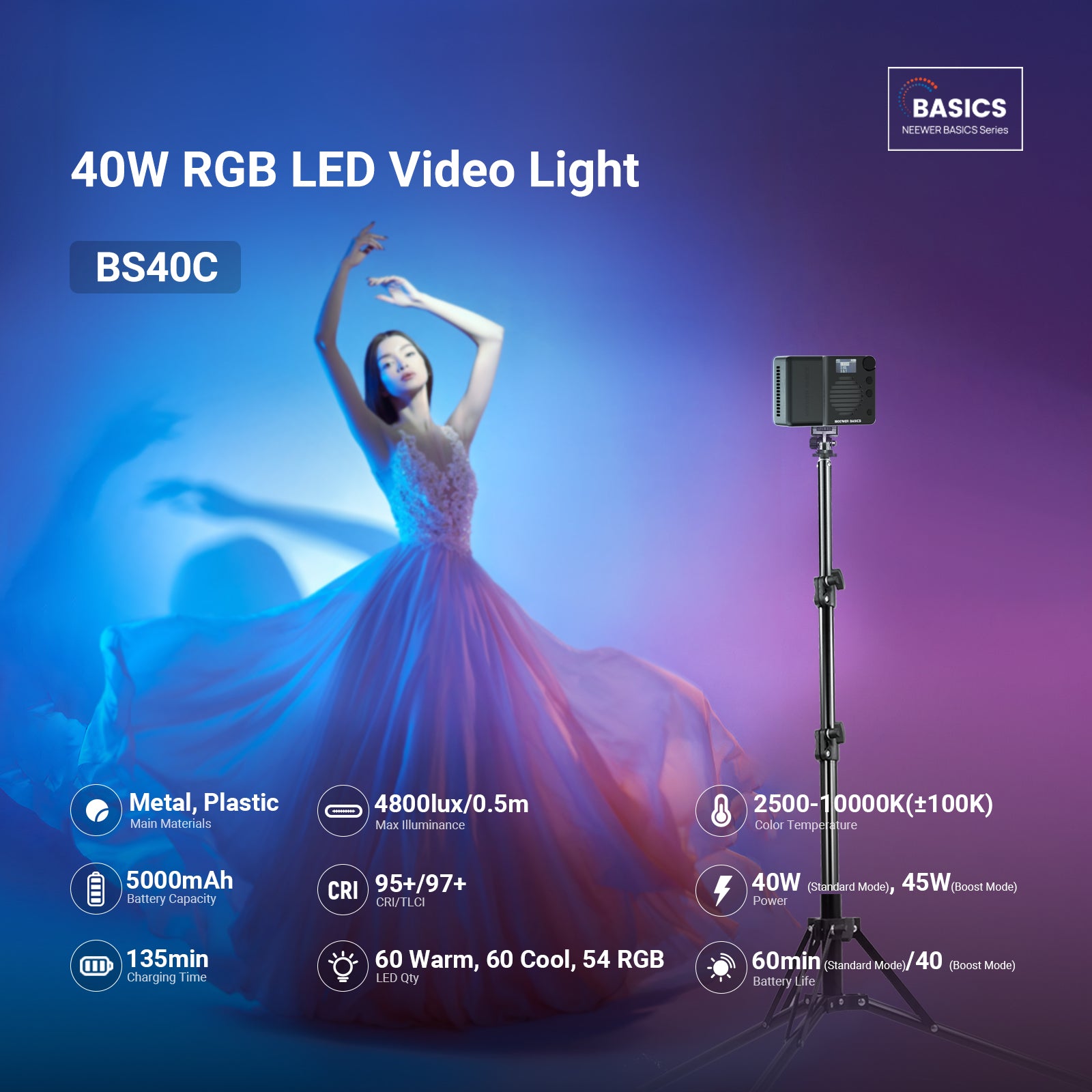 NEEWER BS40C Magnetic RGB Video Light | LED Soft Light