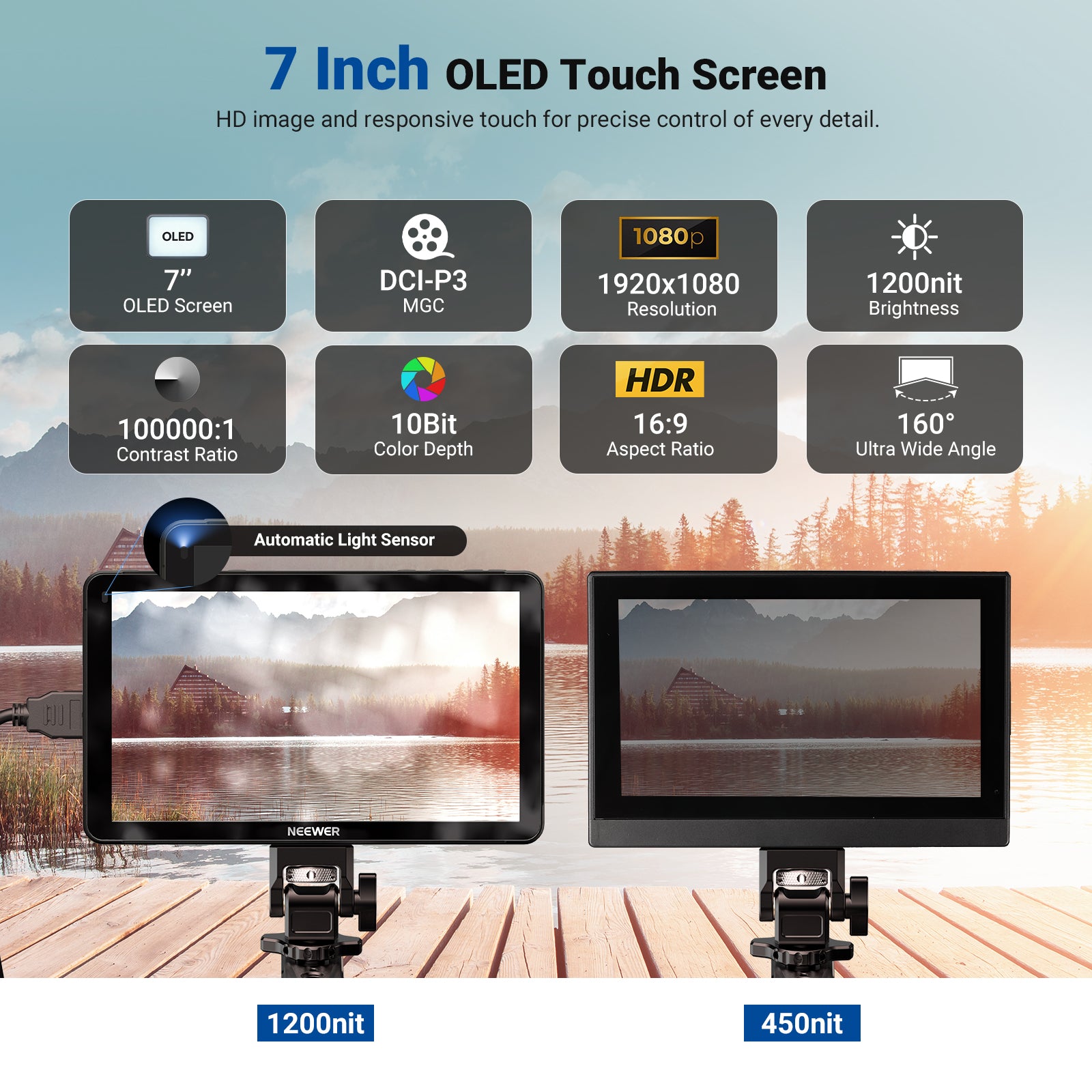 NEEWER F700U Camera Field Monitor, with its automatic light sensor, remains clearly visible under bright sunlight, while a standard 450-nit monitor appears washed out and hard to read in the same outdoor conditions.
