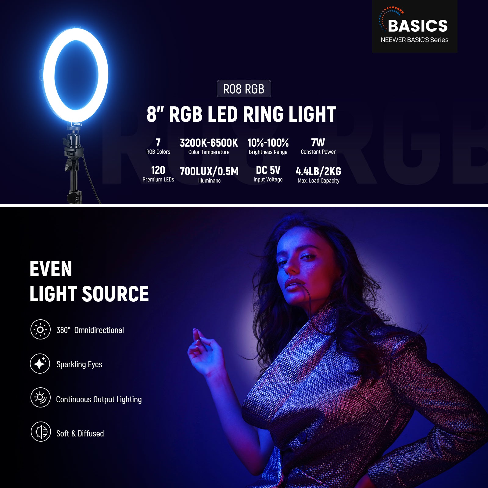 NEEWER R08 RGB LED ring light provides up to 700Lux/0.5m