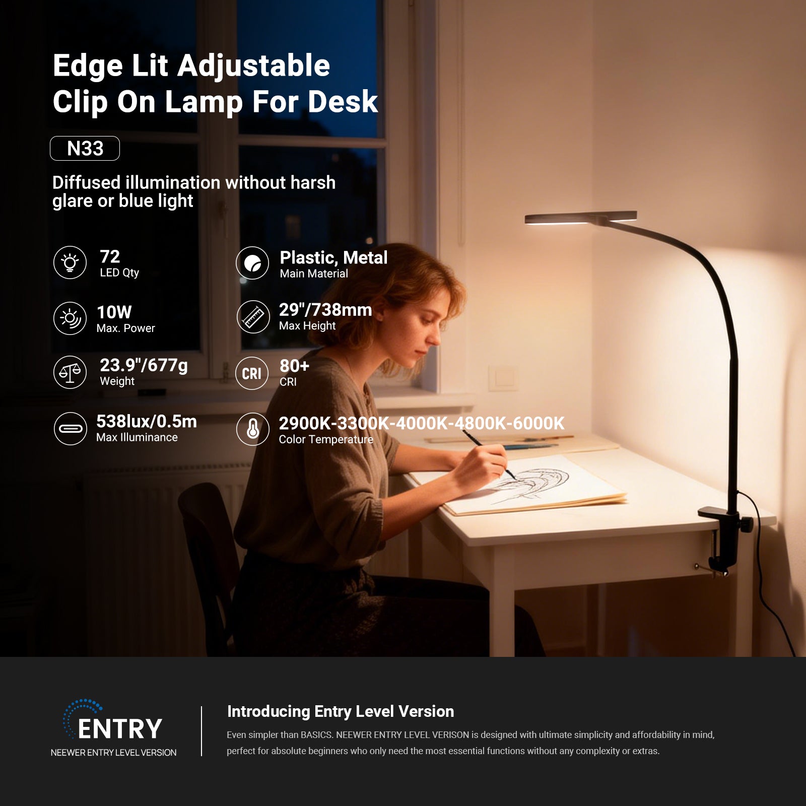 A woman draws at a desk illuminated by an adjustable clip-on LED desk lamp in a cozy evening workspace.