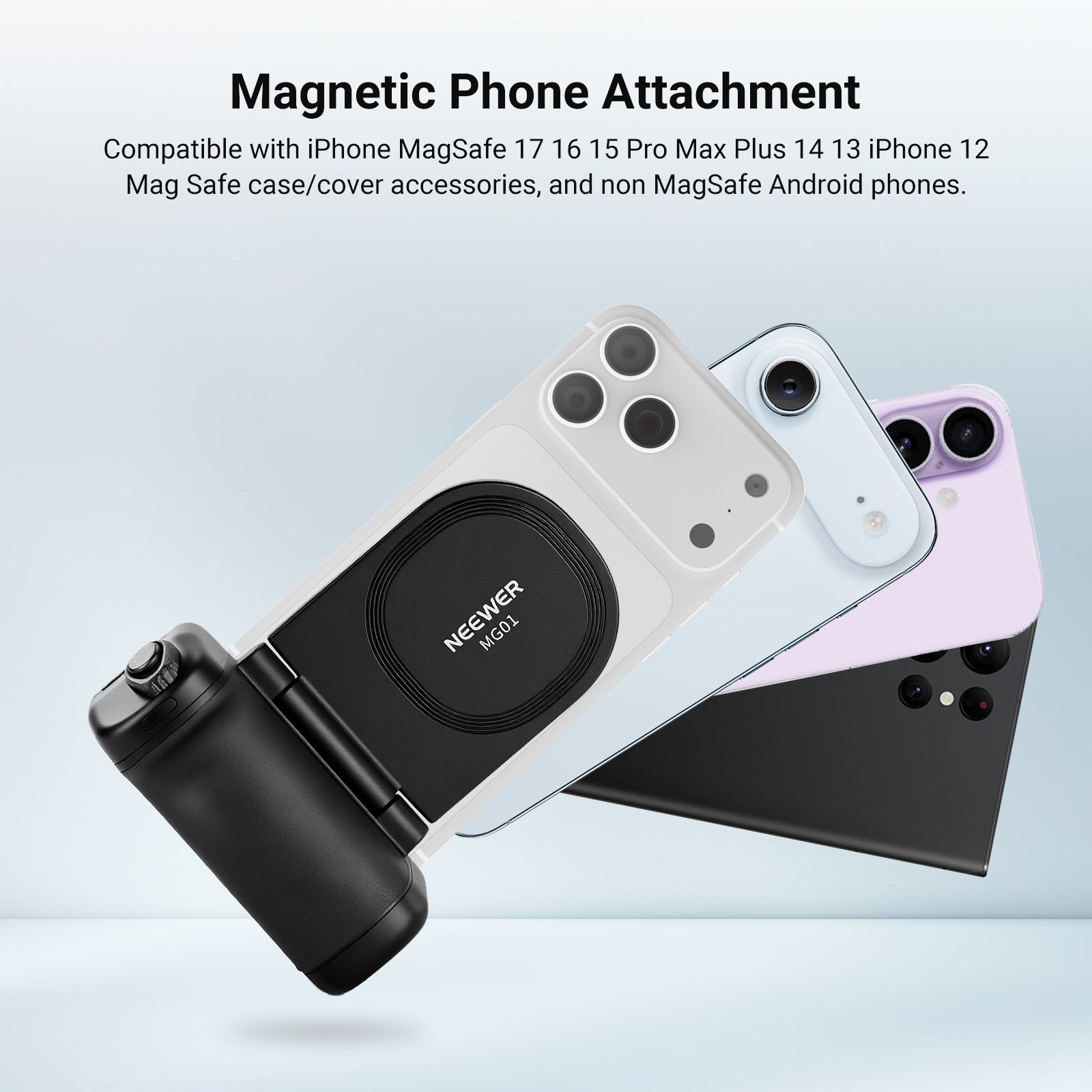 Neewer MG01 magnetic phone camera grip attached to different smartphone models, showing universal MagSafe compatibility