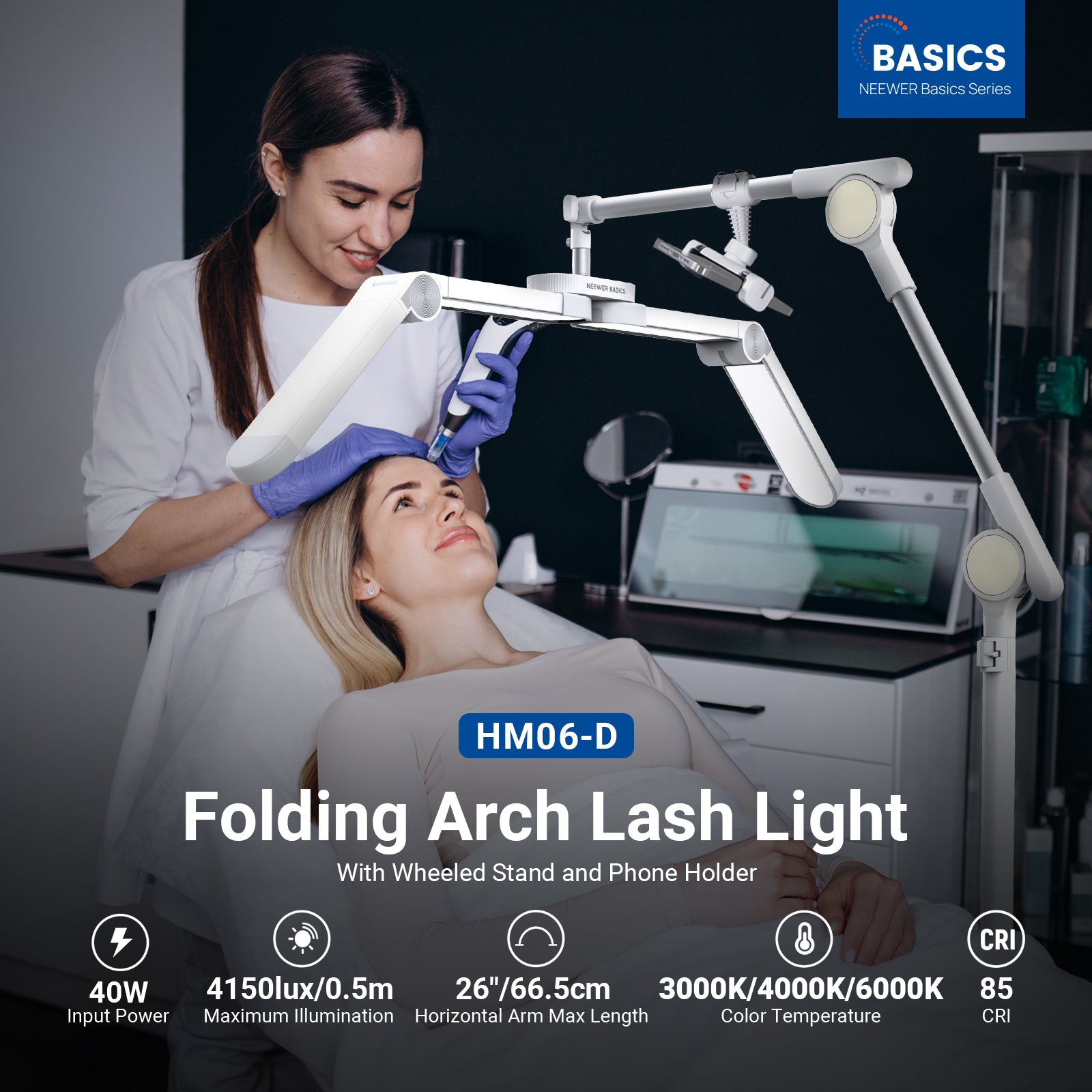 A beauty technician performs a lash treatment on a client, illuminated by the NEEWER BASICS HM06-D LED Lash Light