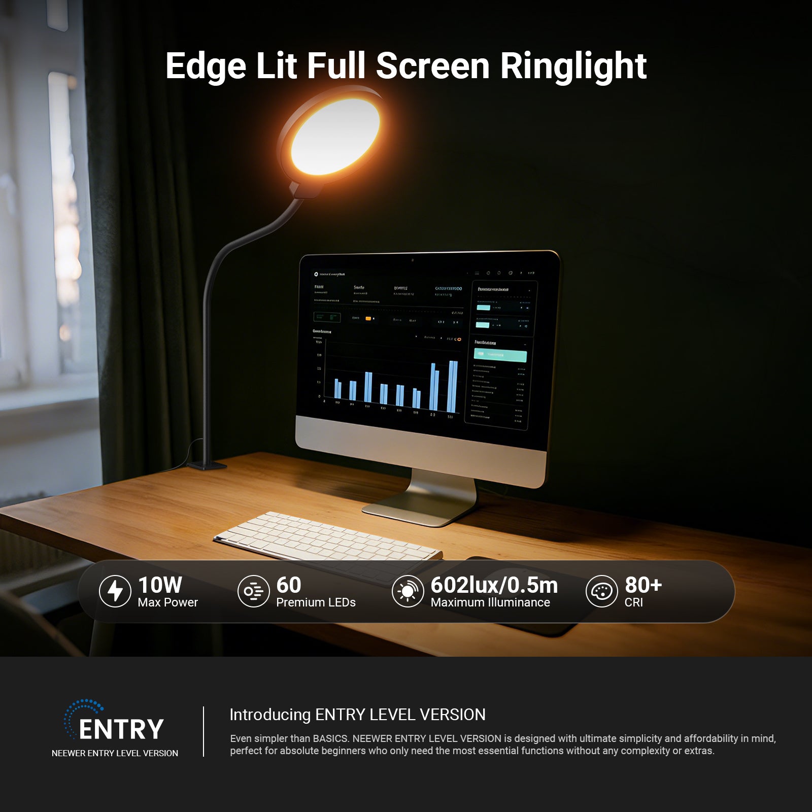 NEEWER N32 Full Screen Ring Light illuminates an all-in-one computer displaying data analytics on a wooden home office desk.