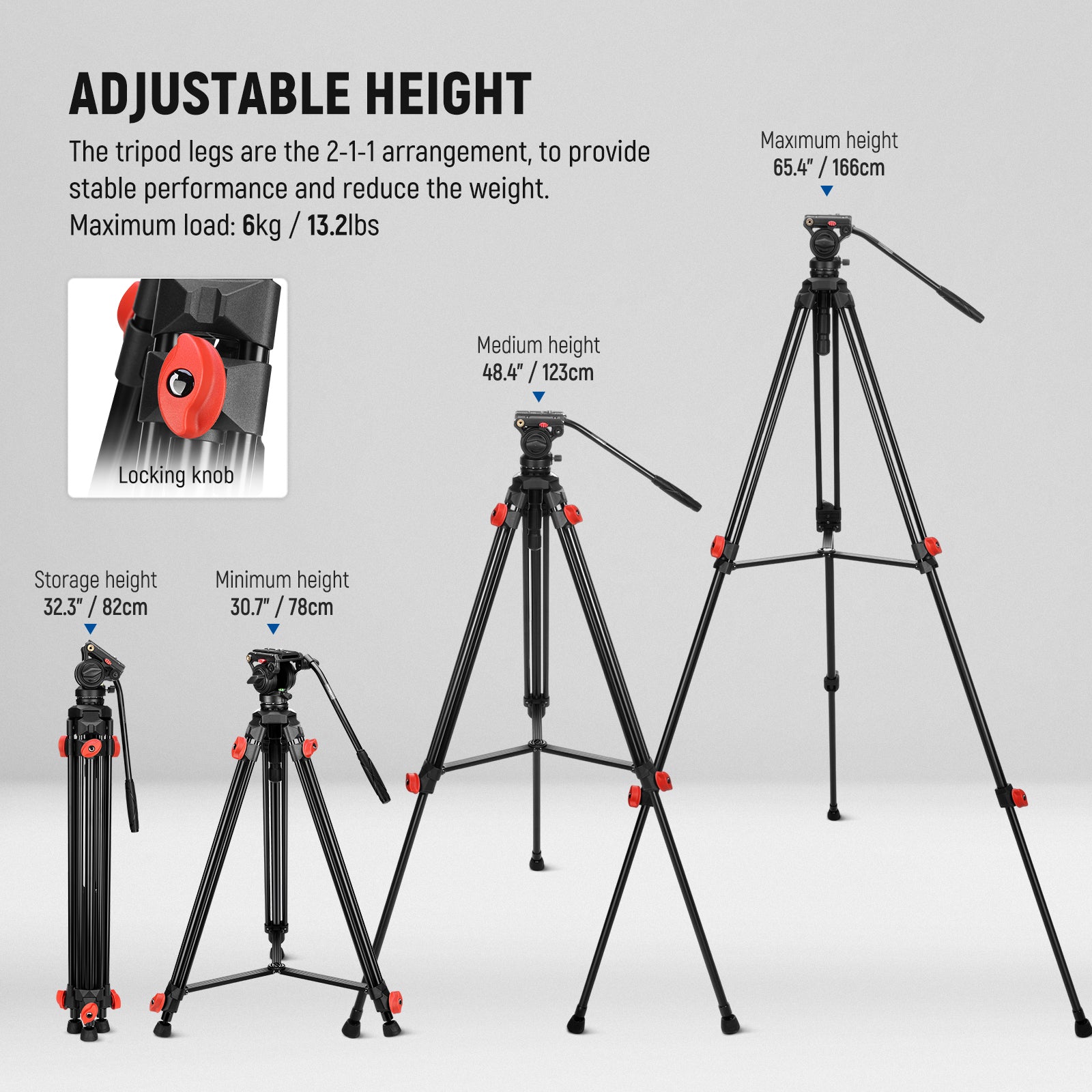NEEWER TP73 Lightweight Video Tripod can be easily adjust in height from 82cm to 166cm.
