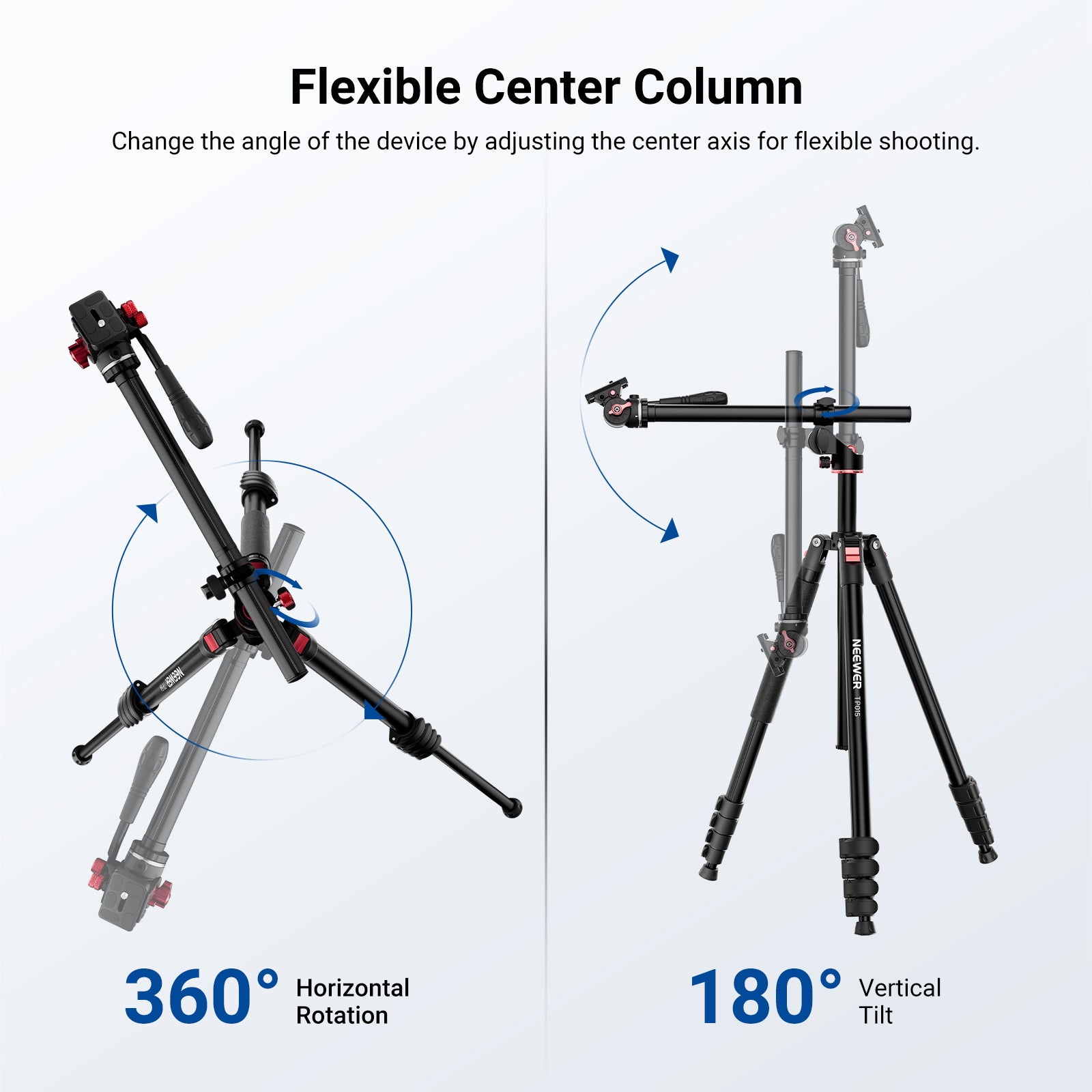 NEEWER TP015 professional camera tripod features a 12.6" adjustable center column.