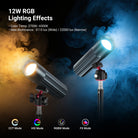Two NEEWER FL12C RGB LED Photography Flashlights, each mounted on a tripod with a ball head. One emits warm yellow light, while the other produces cool blue light.