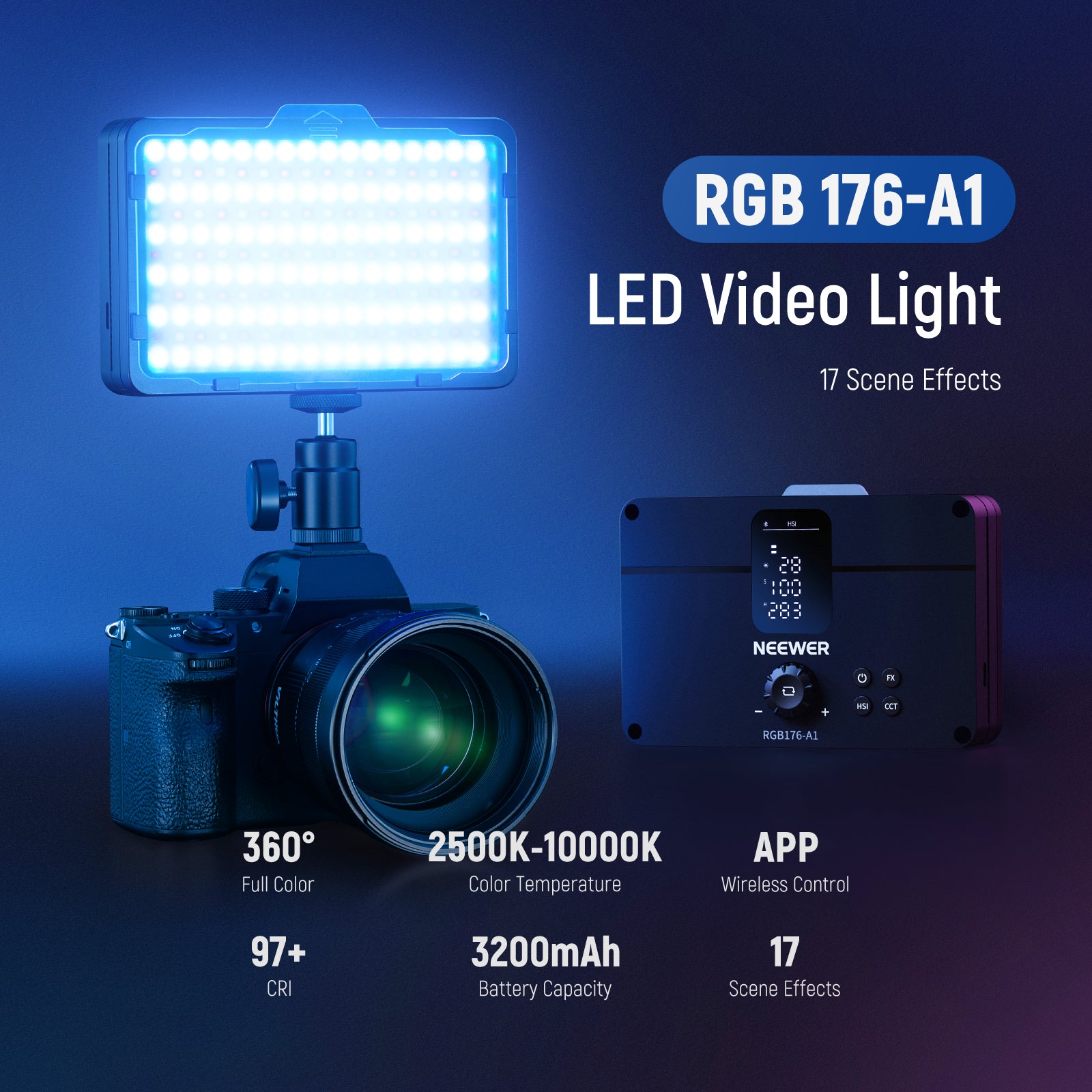 NEEWER RGB Led Video Light, RGB61 360° Full Color Camera Light with 3 Cold  Shoe and Diffuser, CRI 97+, 20 Scene Modes, 2500K~8500K, 2000mAh