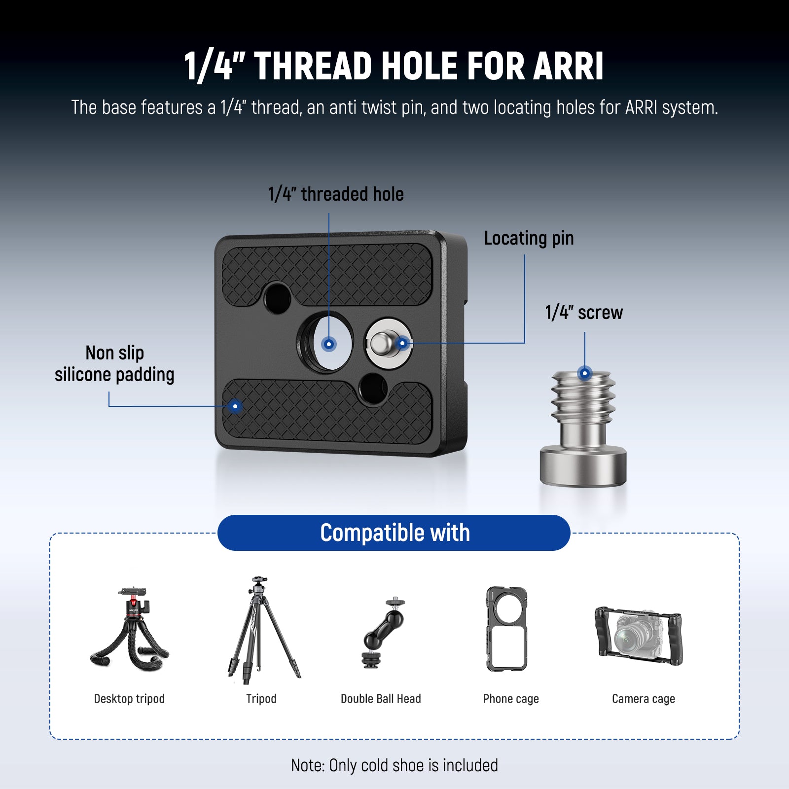 The base features a 1/4" thread, an anti twist pin, and two locating holes for ARRI system
