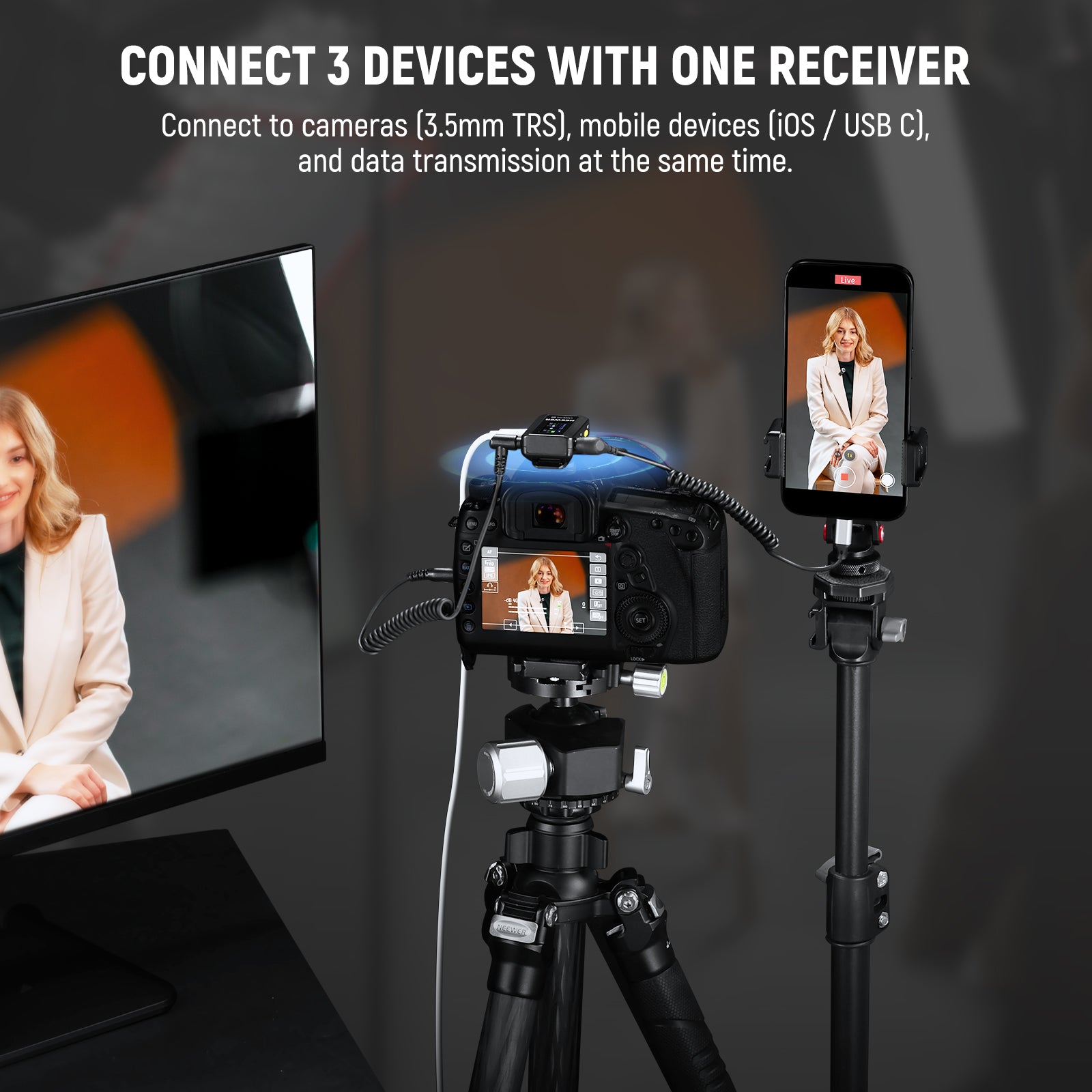 NEEWER CM28 PRO Wireless Mic System can connect 3 devices with one receiver.