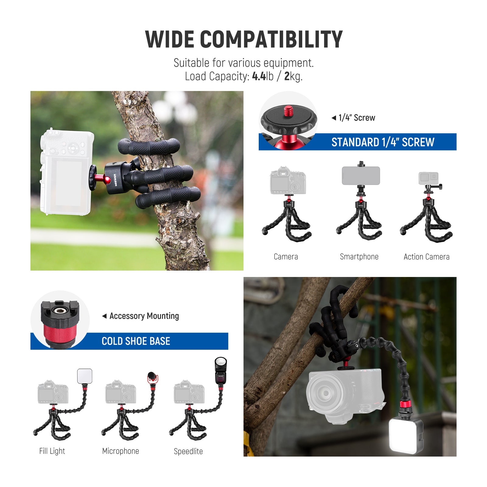 Wide Compatibility of the NEEWER T91 Flexible Phone Tripod with Two Magic Arms