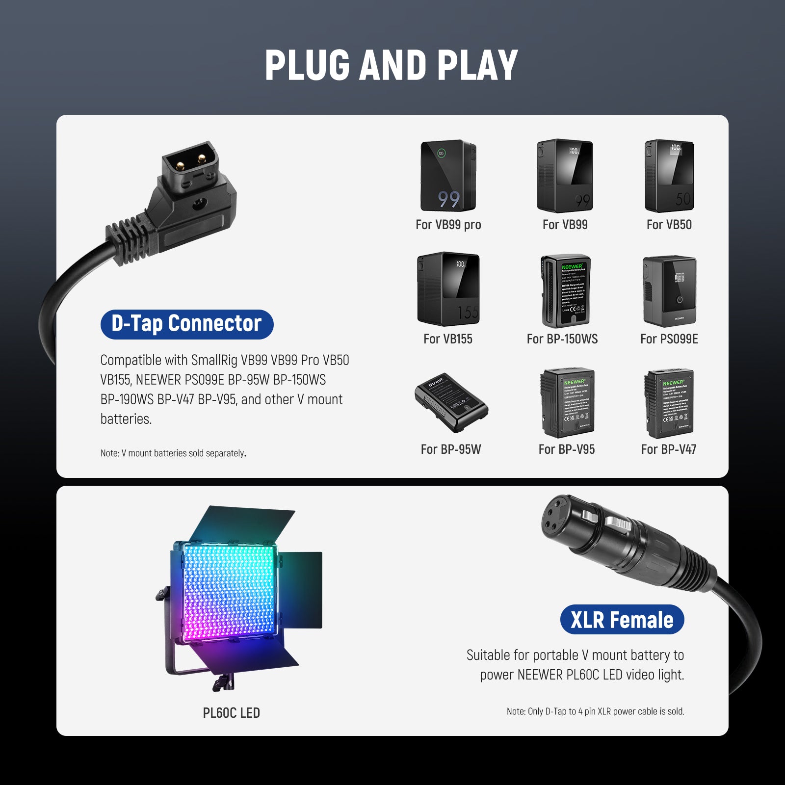 NEEWER NC011 D-Tap to 4 Pin XLR Cable for PL60C LED Video Light