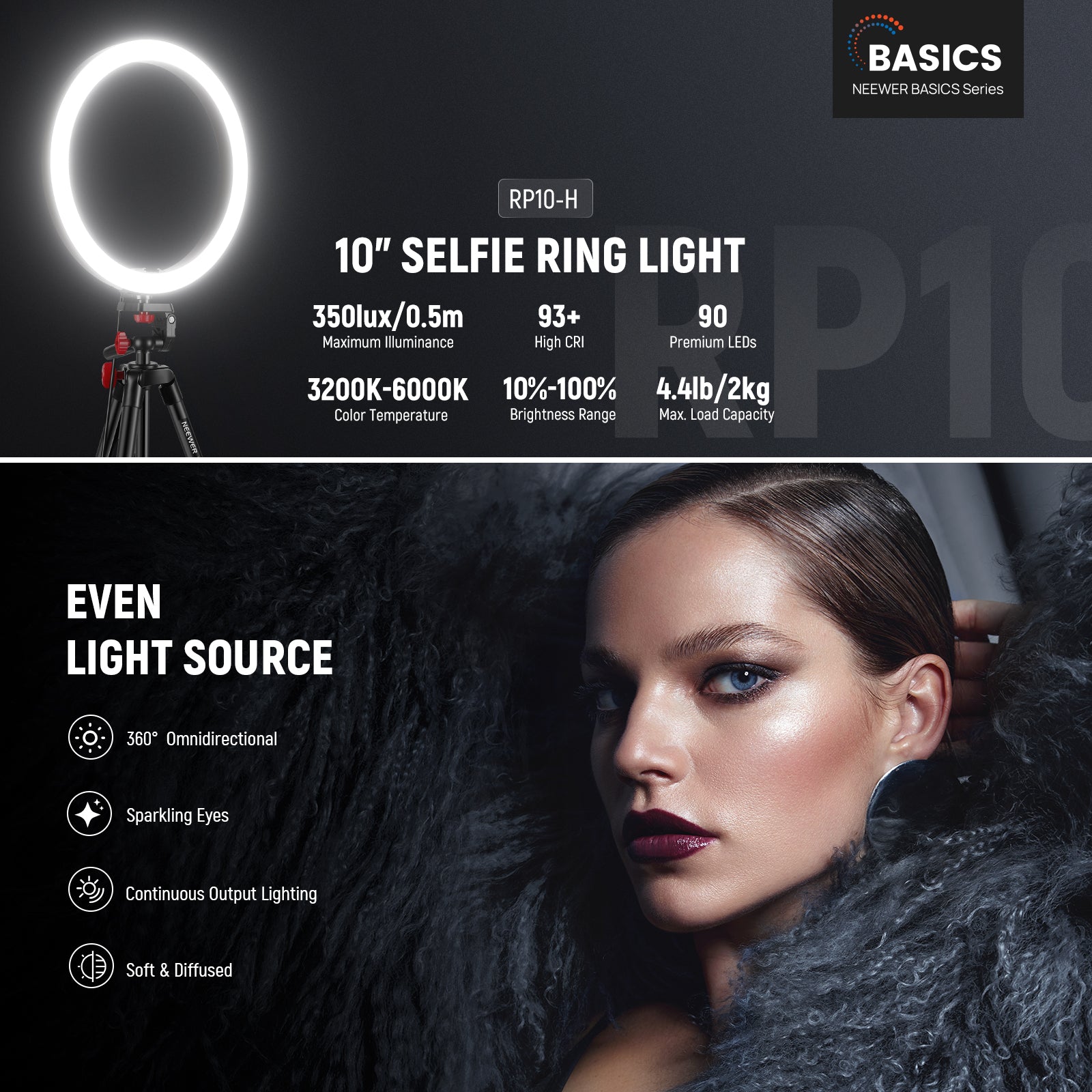 NEEWER RP10-H Selfie Ring Light features 90 LED warm & cool LEDs