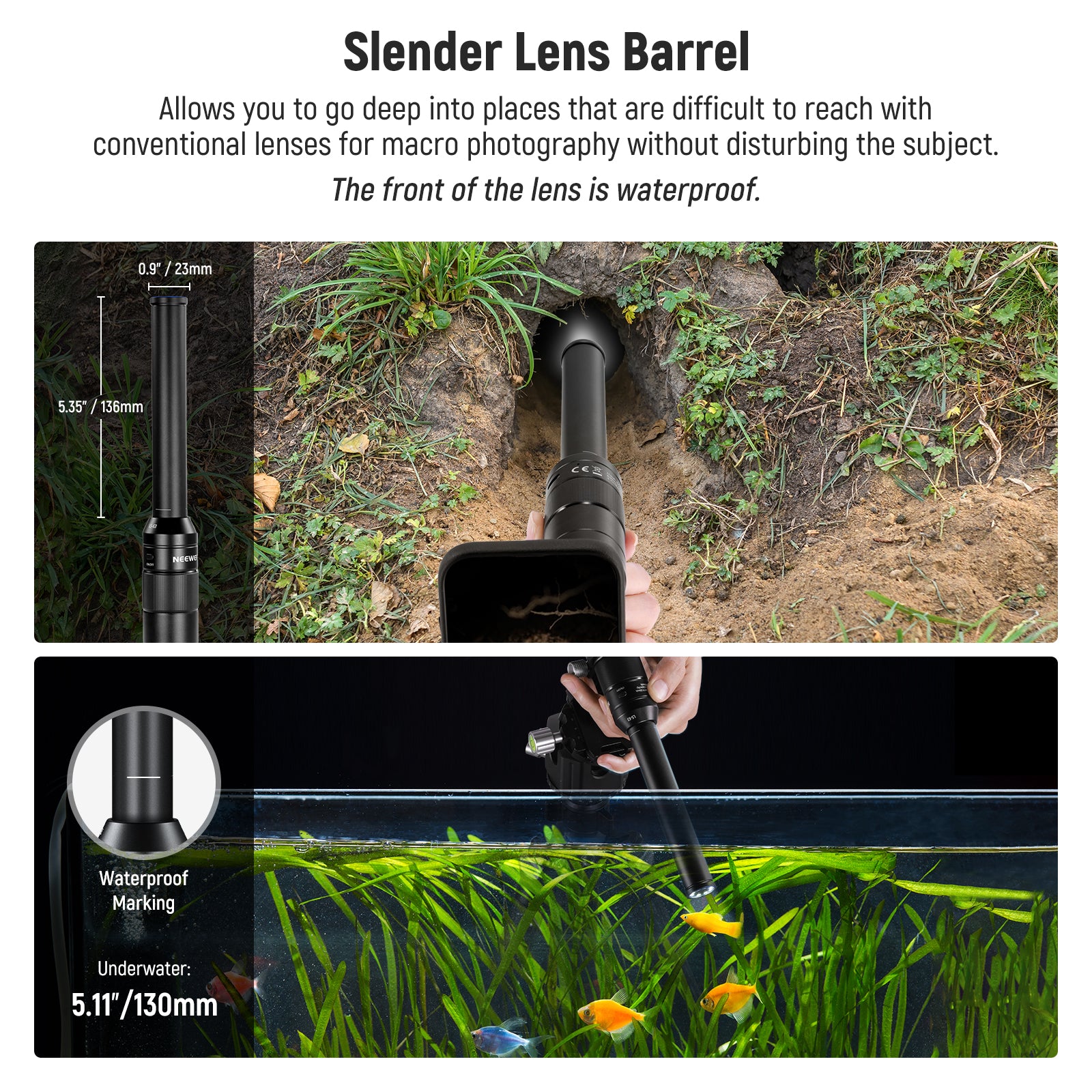 A 340mm slender barrel with 16mm focal distance