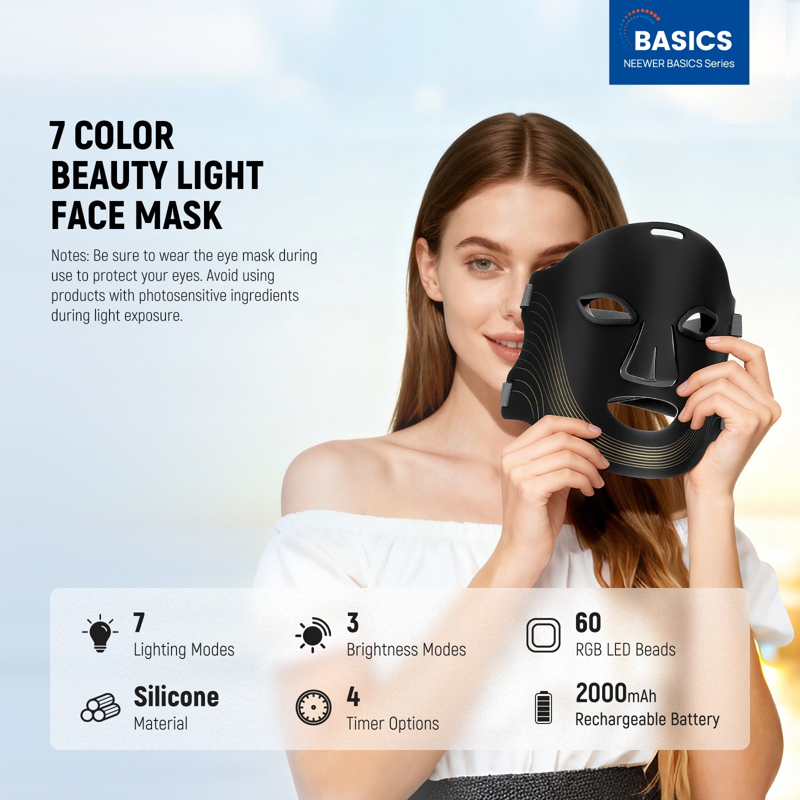 This LED face mask features 60 red, green, and blue LEDs, which blend together to offer 7 soothing lamp modes