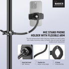 The mic stand phone mount features a flexible arm and an O type clamp