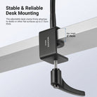 The adjustable desk clamp firmly attaches to the desk.