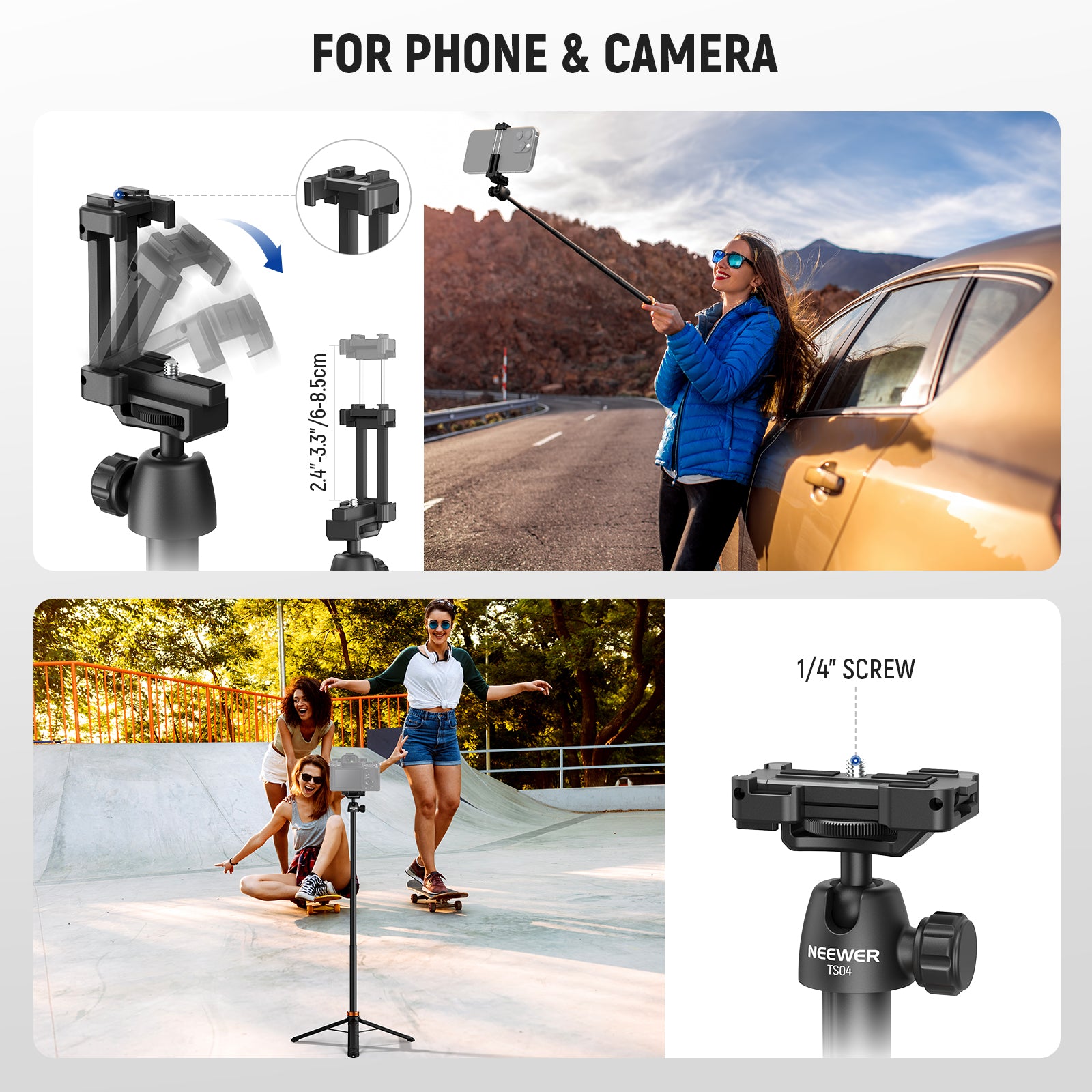 NEEWER BASICS TS04 59" Versatile Selfie Stick is compatible with the phone and camera.