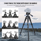NEEWER TP55 Camera Tripod features a 3 way pan tilt head.