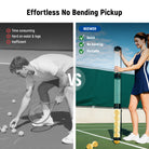 The girl, holding the NEEWER PB01S tennis ball picker-upper tube, stands while picking up the ball, while the boy, holding only his racket, has to bend down to pick it up.