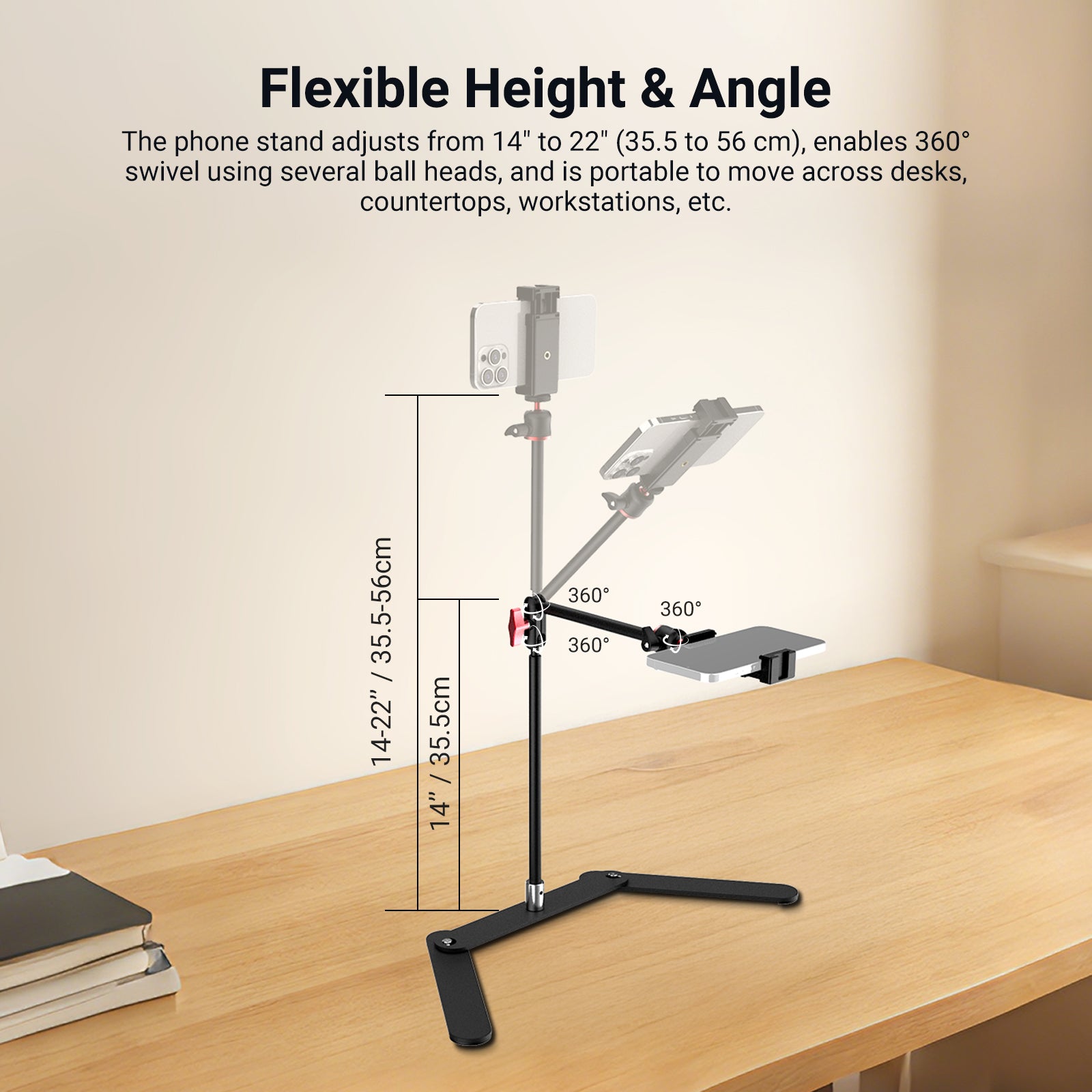 Overhead phone stand with adjustable height (14-22 inches / 35.5-56cm) and 360-degree rotating arm for desk use