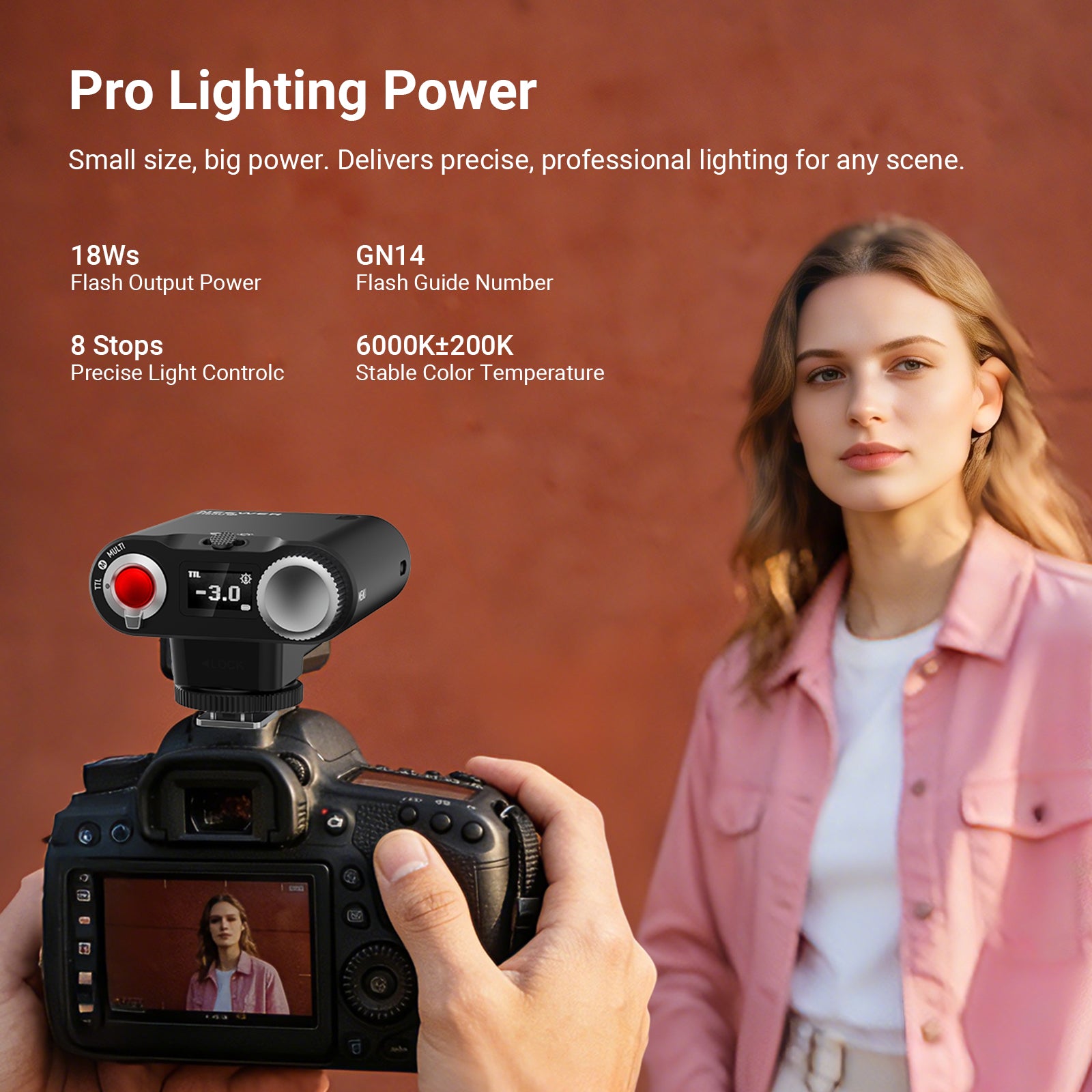 The NEEWER Z160U Stylish Mini On-Camera Flash was used to photograph a female model.