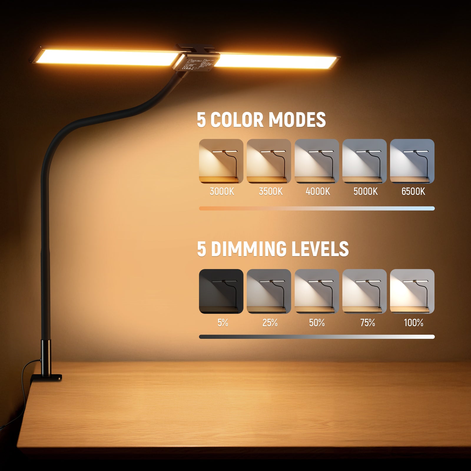 This tall overhead dimmable desk lamp features 77 warm and 77 cool LEDs, offering 5 color temperature settings.
