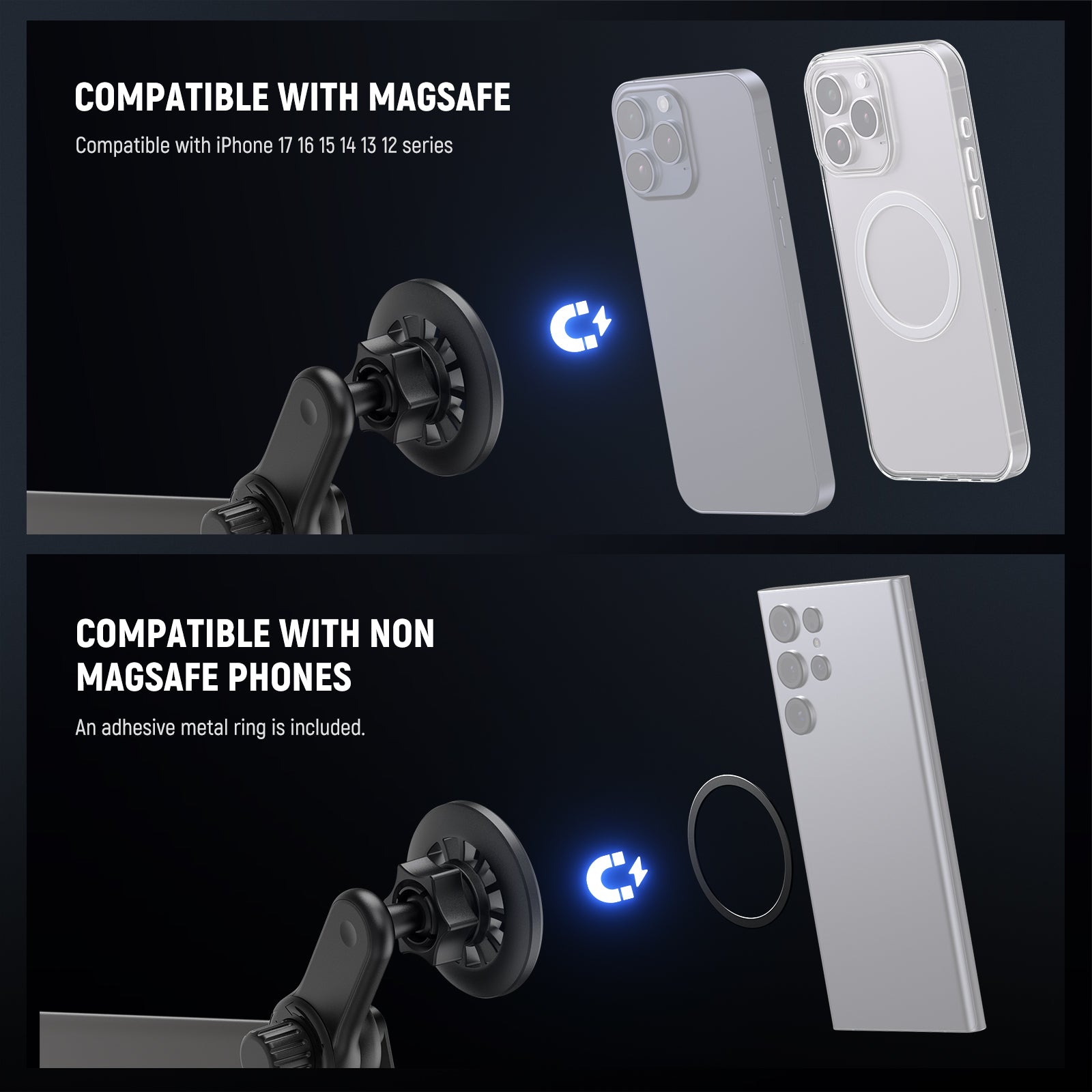 NEEWER YW-145A Magnetic Phone Holder is compatible with MagSafe cases covers and non MagSafe phones using the magnetic ring. 