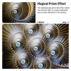 The kaleidoscope prism lens filter creates a hypnotic and surreal kaleidoscopic effect.