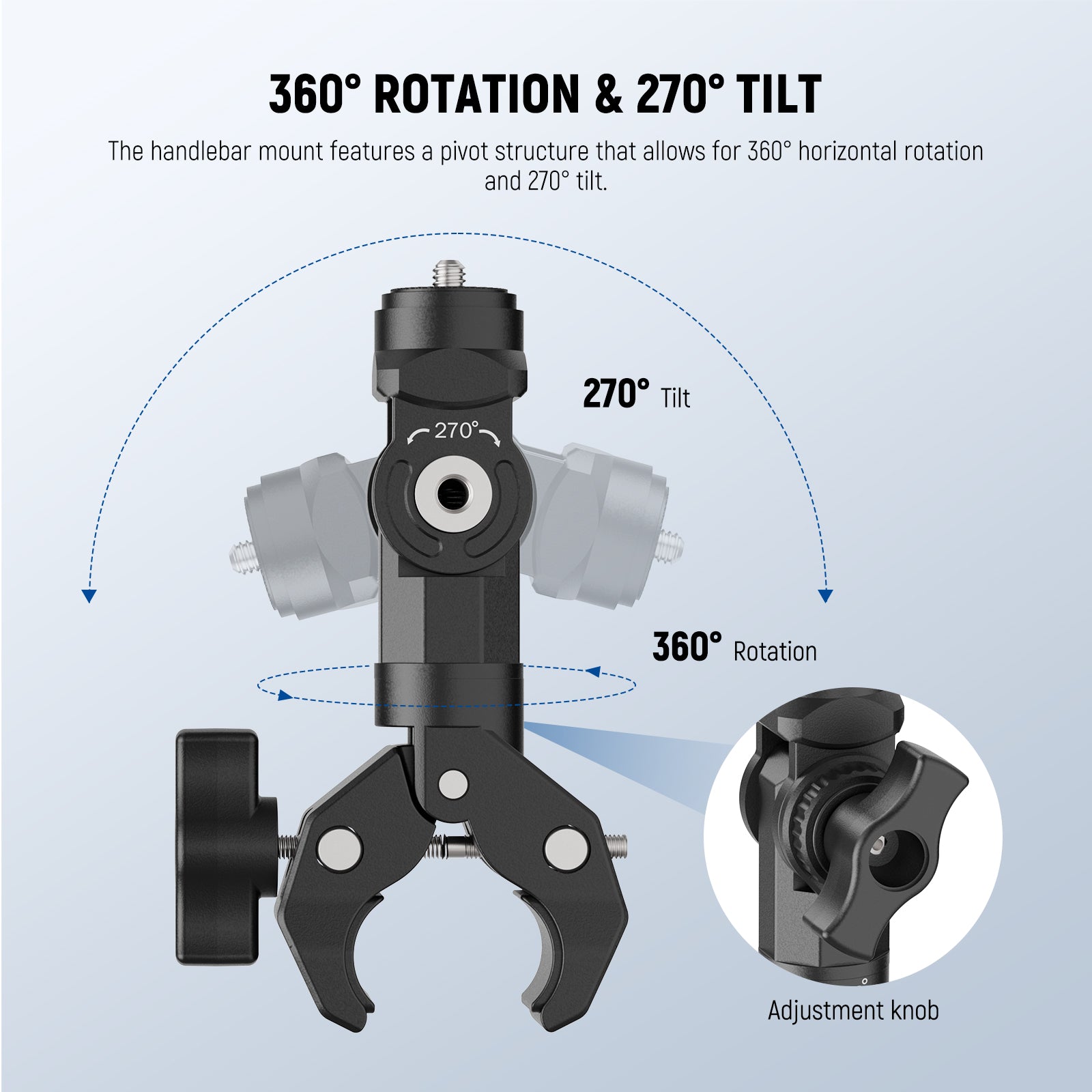 The handlebar mount features a pivot structure that allows for 360° horizontal rotation and 270° tilt