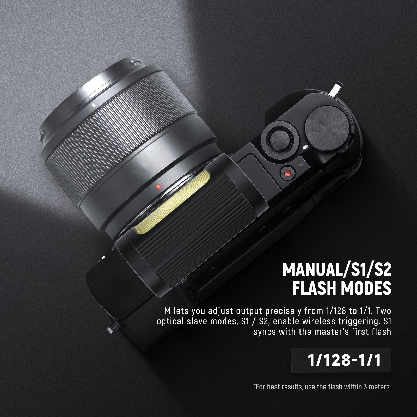 NEEWER Z140 Mini Camera Flash Light features Auto/Manual/S1/S2 Flash Modes.