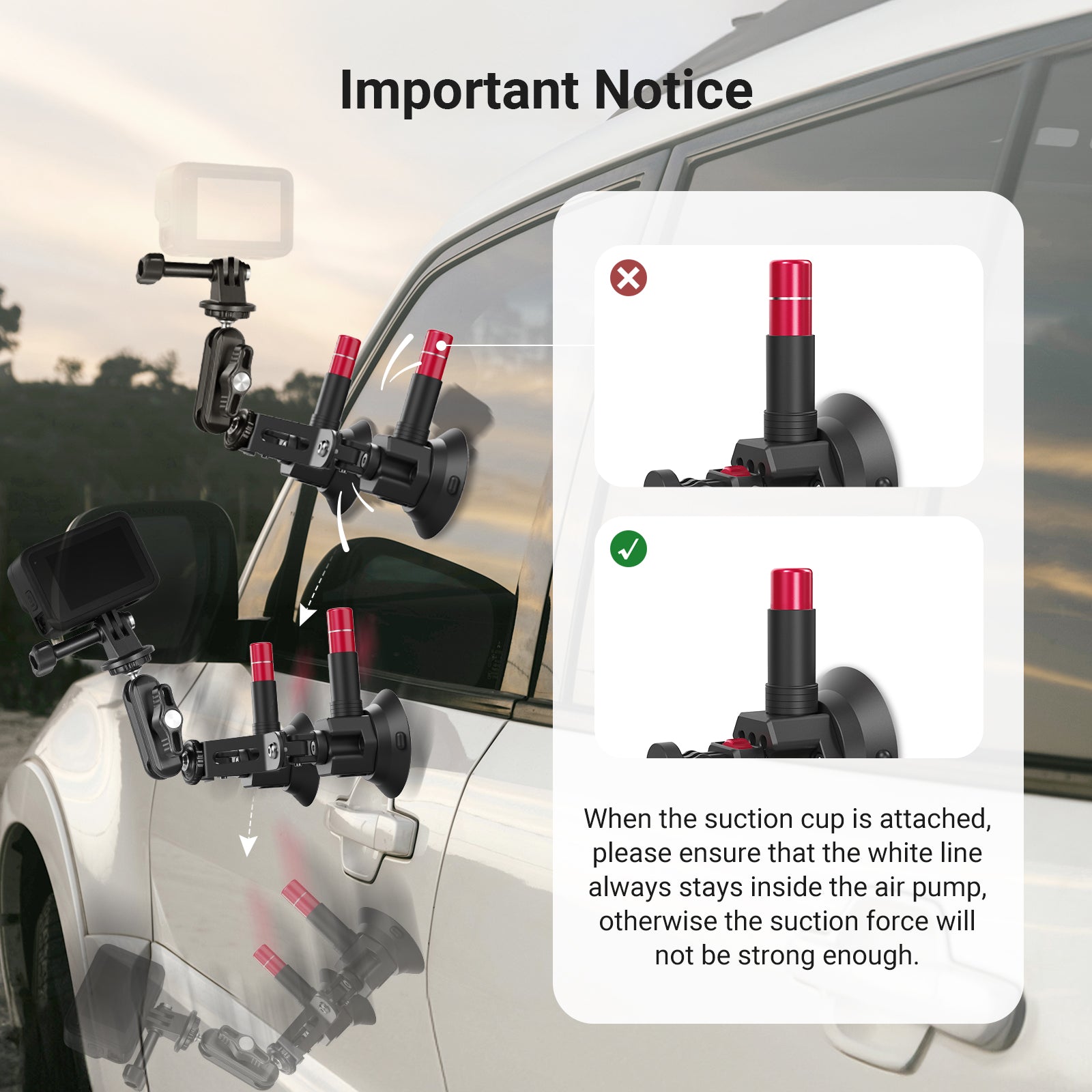 Car suction cup camera mount with dual suction cups, attached to the car body and window