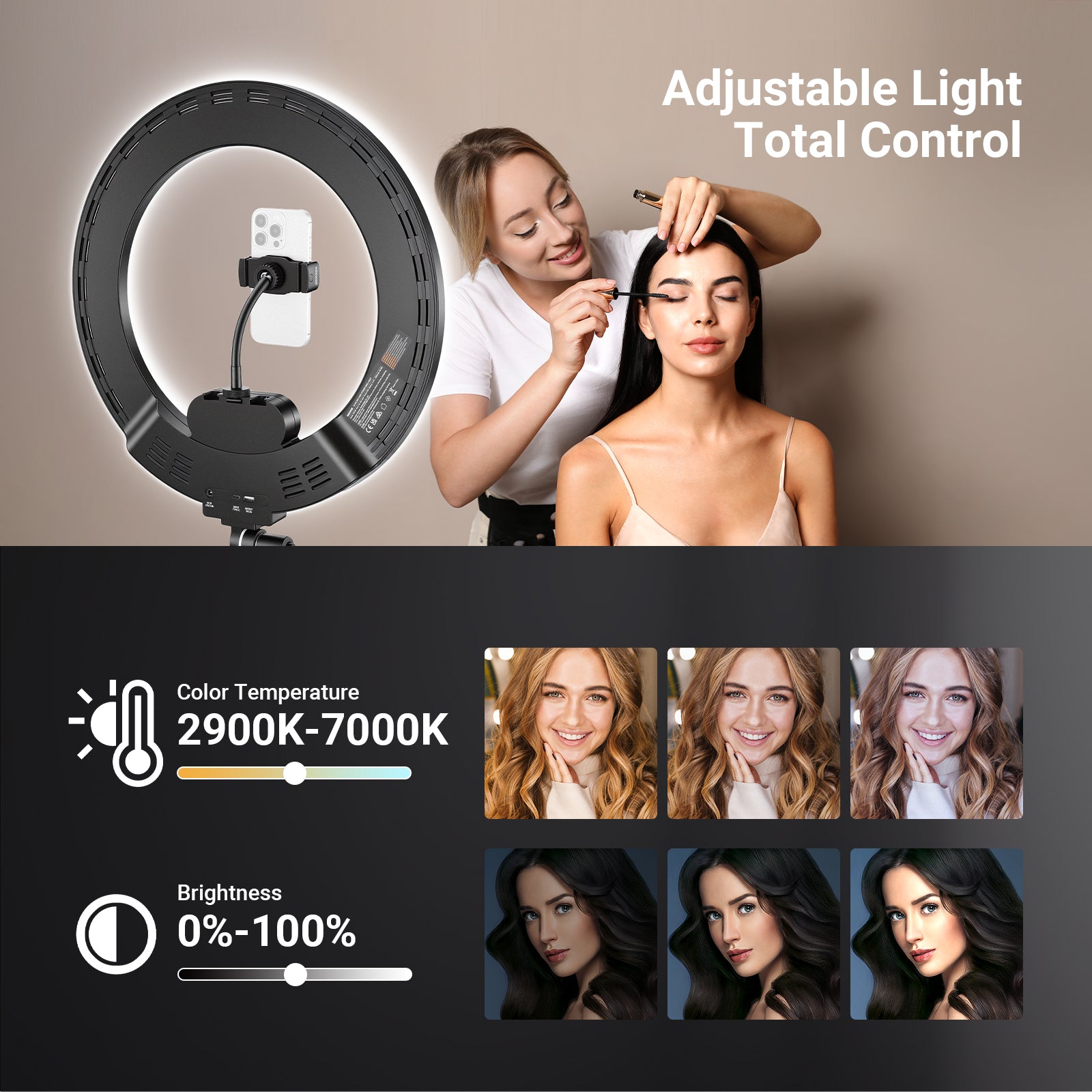 A rechargeable ring light with a built-in phone mount being used for a makeup tutorial, as an artist applies mascara to a model under its bright, even illumination.