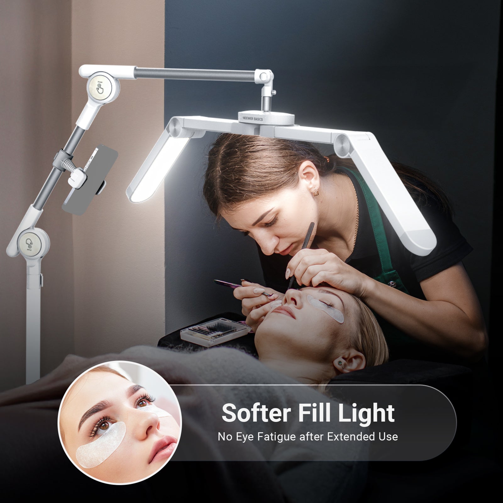 A lash technician applies eyelash extensions to a girl, illuminated by the NEEWER BASICS HM06-D LED Lash Light.