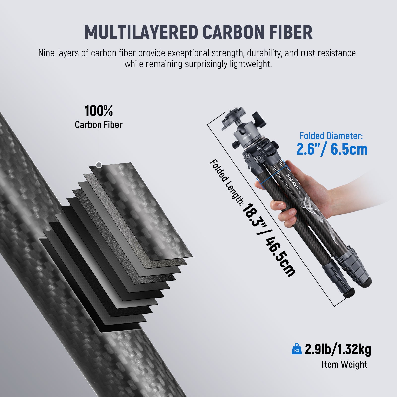 NEEWER LT34 Compact Travel Tripod is made of 100% carbon fiber.