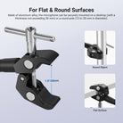 The super clamp, made of aluminum alloy, securely mounts your mic on desks (up to 50mm thick) or round poles (12 to 28mm in diameter).